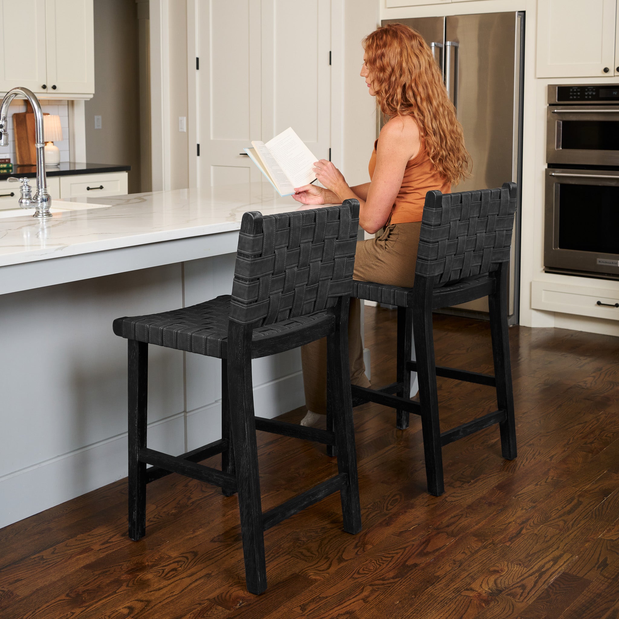 Noah Counter Stool In Black Finish & Dark Grey Woven Faux Leather Seat in Stools by Maven Lane