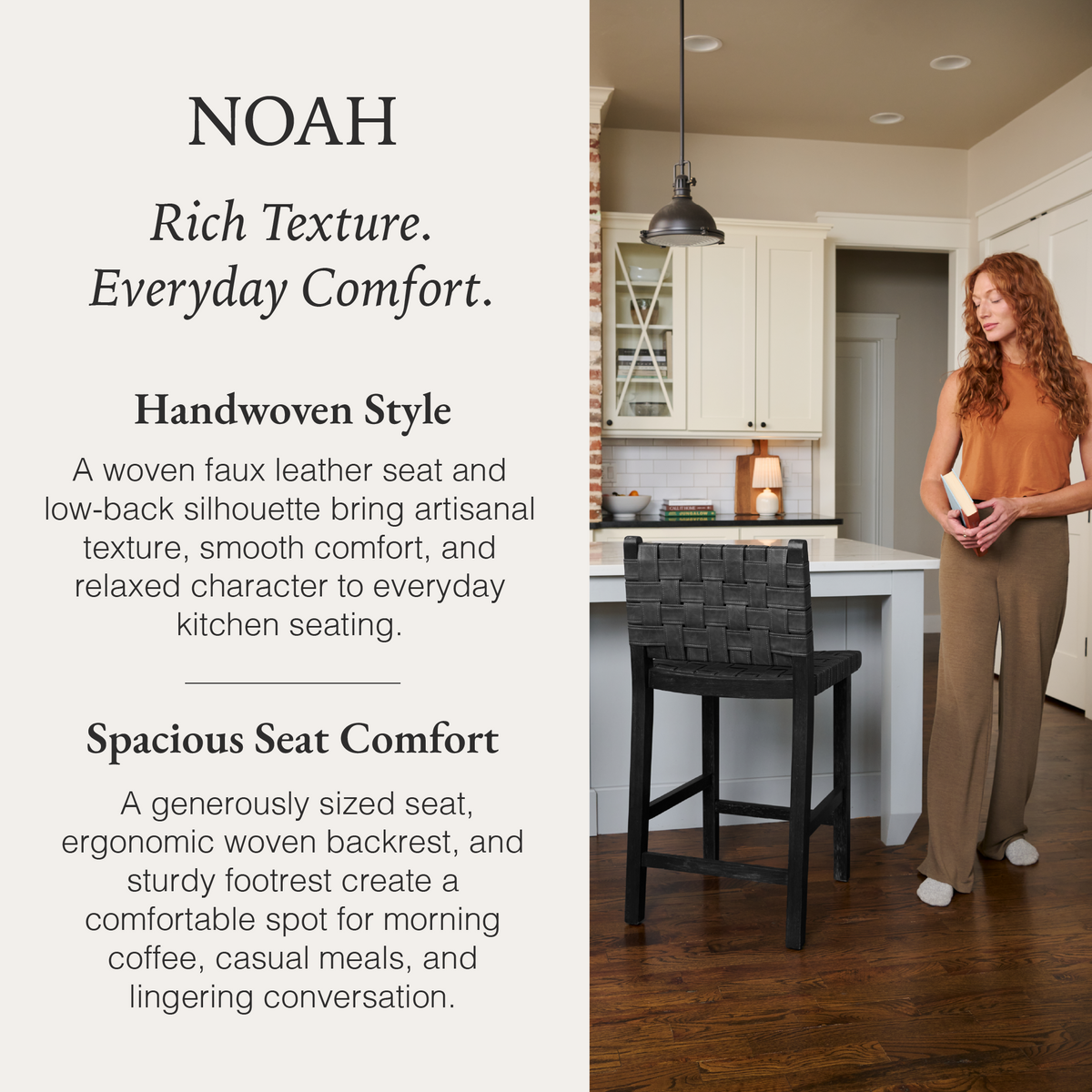 Noah Counter Stool In Black Finish & Dark Grey Woven Faux Leather Seat in Stools by Maven Lane