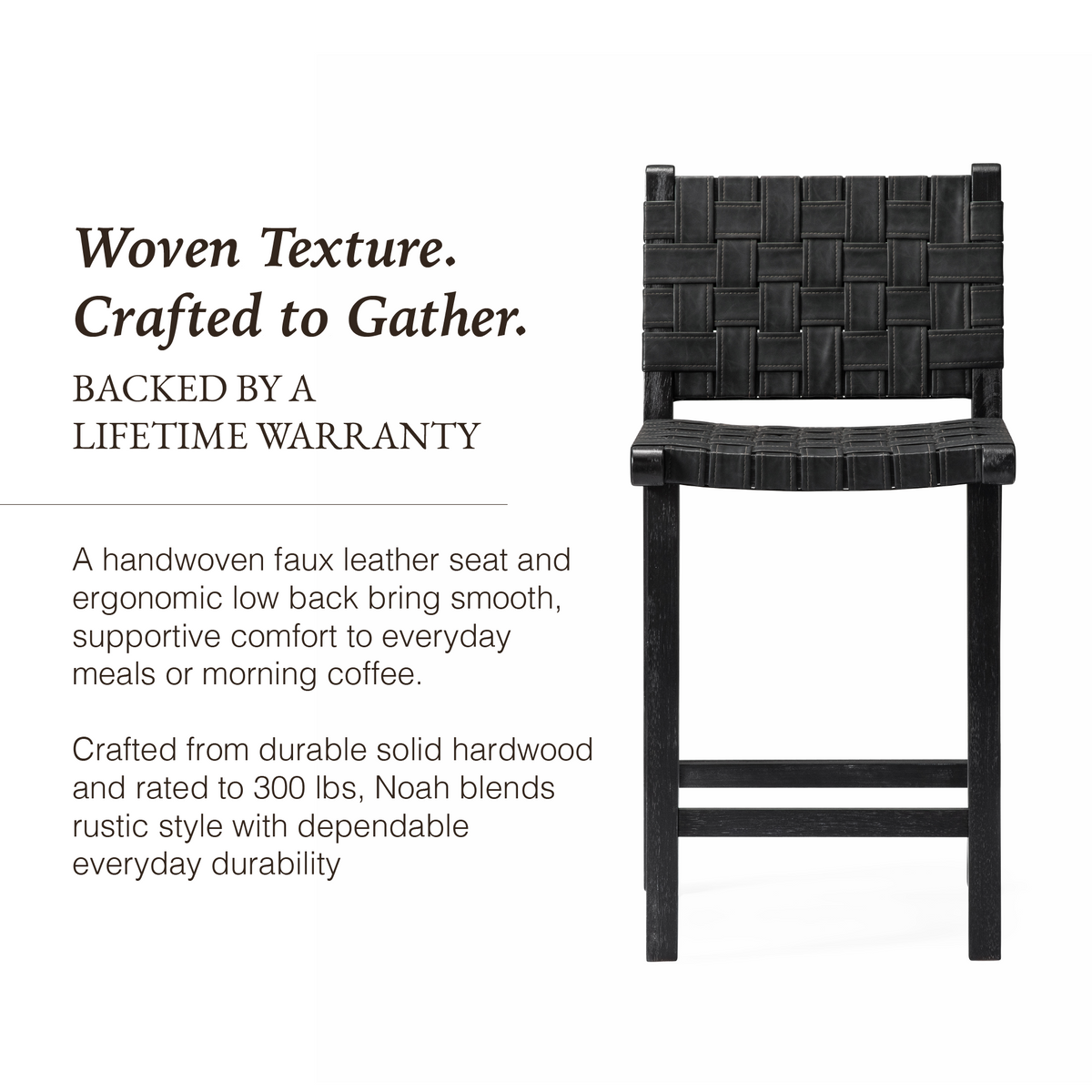 Noah Counter Stool In Black Finish & Dark Grey Woven Faux Leather Seat in Stools by Maven Lane