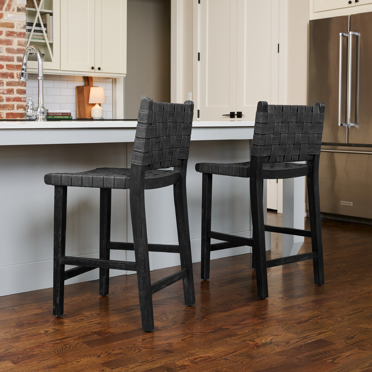 Noah Counter Stool In Black Finish & Dark Grey Woven Faux Leather Seat in Stools by Maven Lane