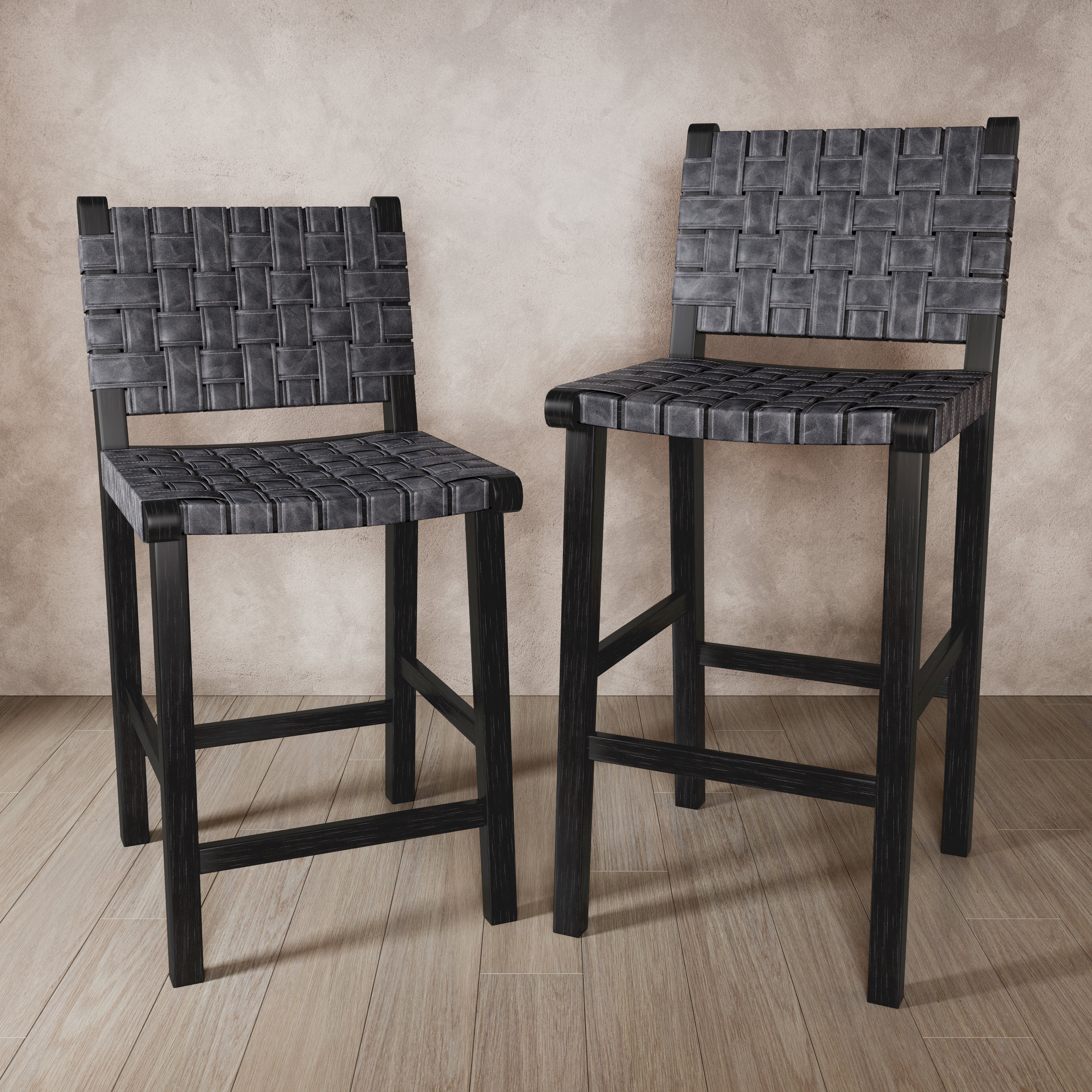 Noah Counter Stool In Aged Black Finish With Charcoal Black Vegan Leather in Stools by Maven Lane