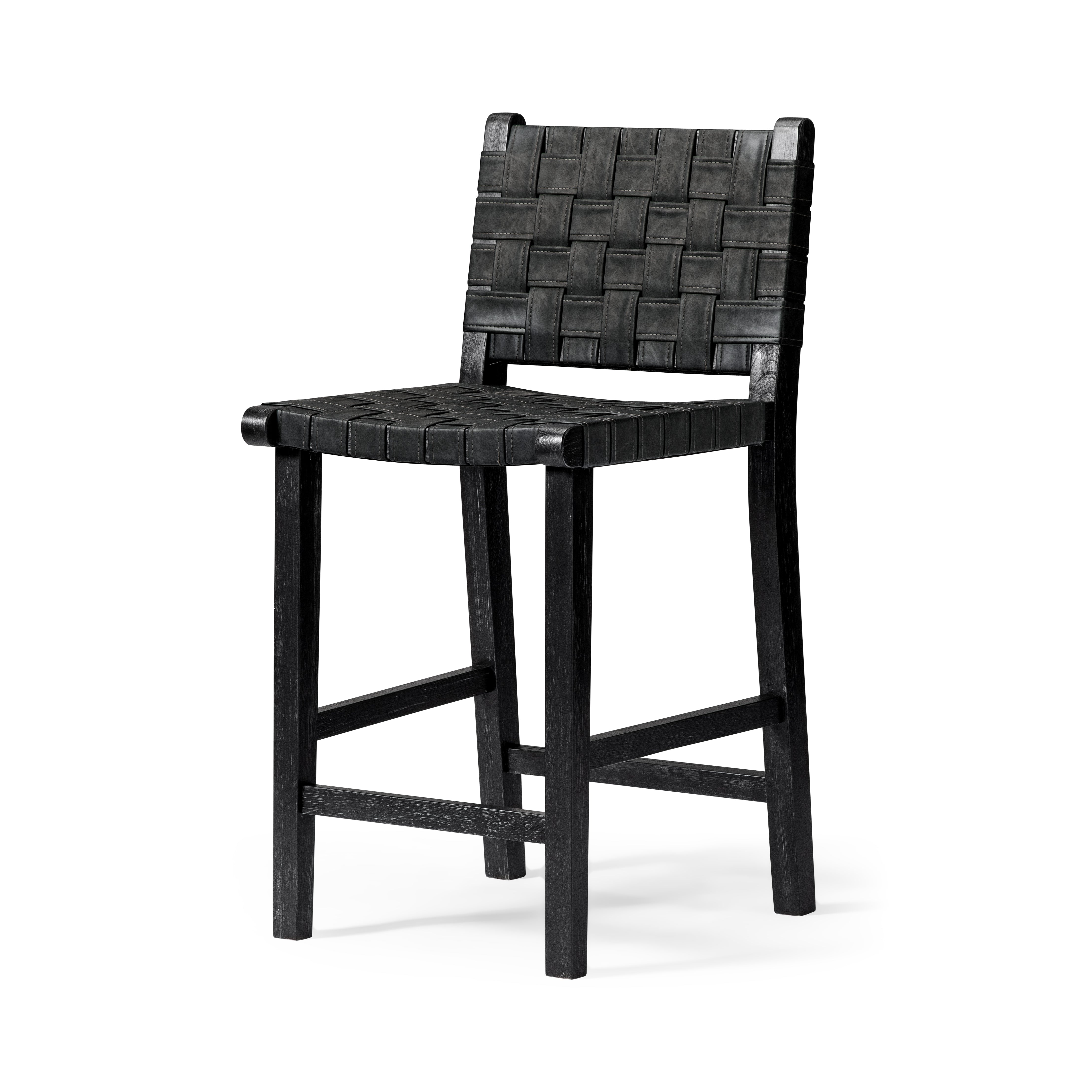 Noah Counter Stool In Aged Black Finish With Charcoal Black Vegan Leather in Stools by Maven Lane