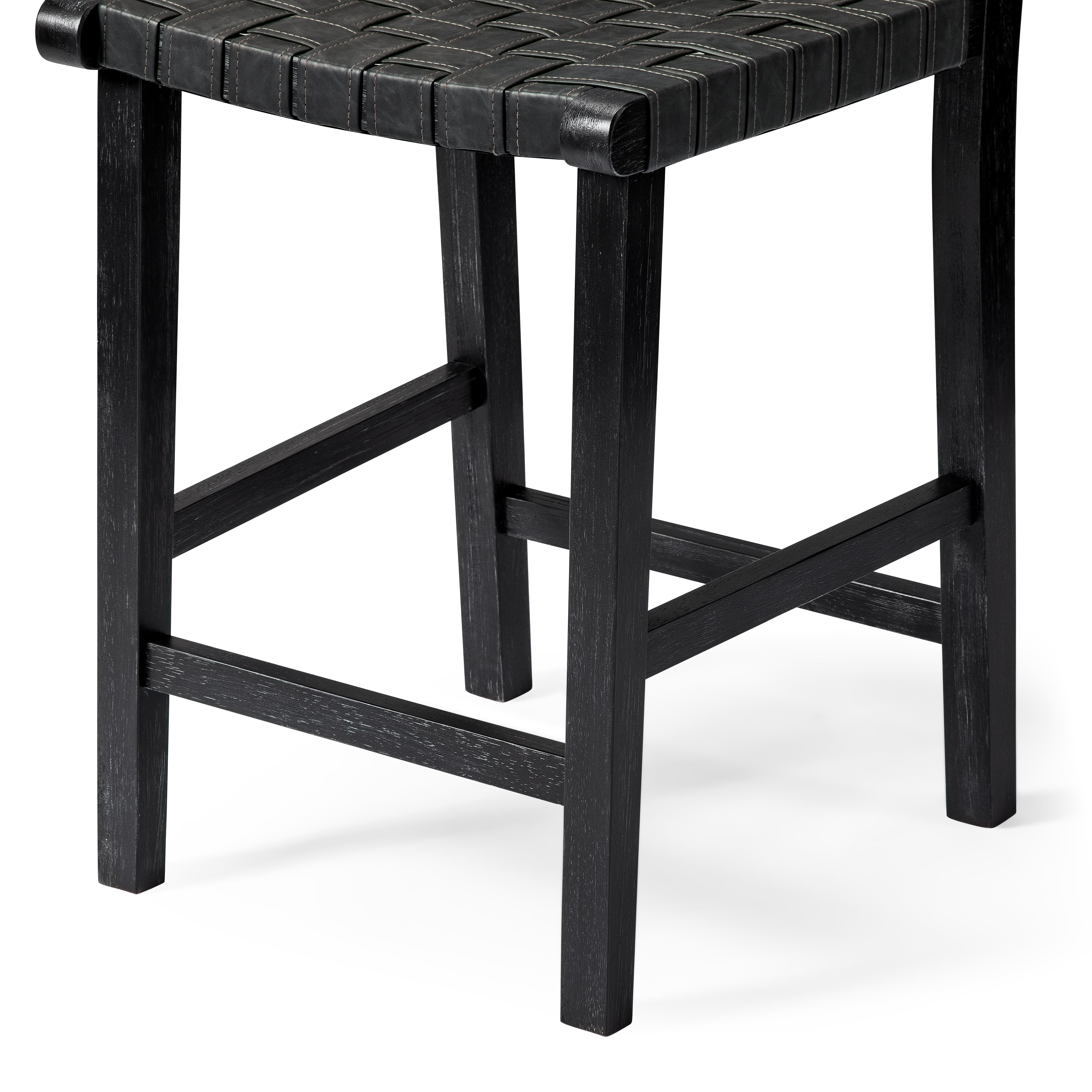 Noah Counter Stool In Aged Black Finish With Charcoal Black Vegan Leather in Stools by Maven Lane