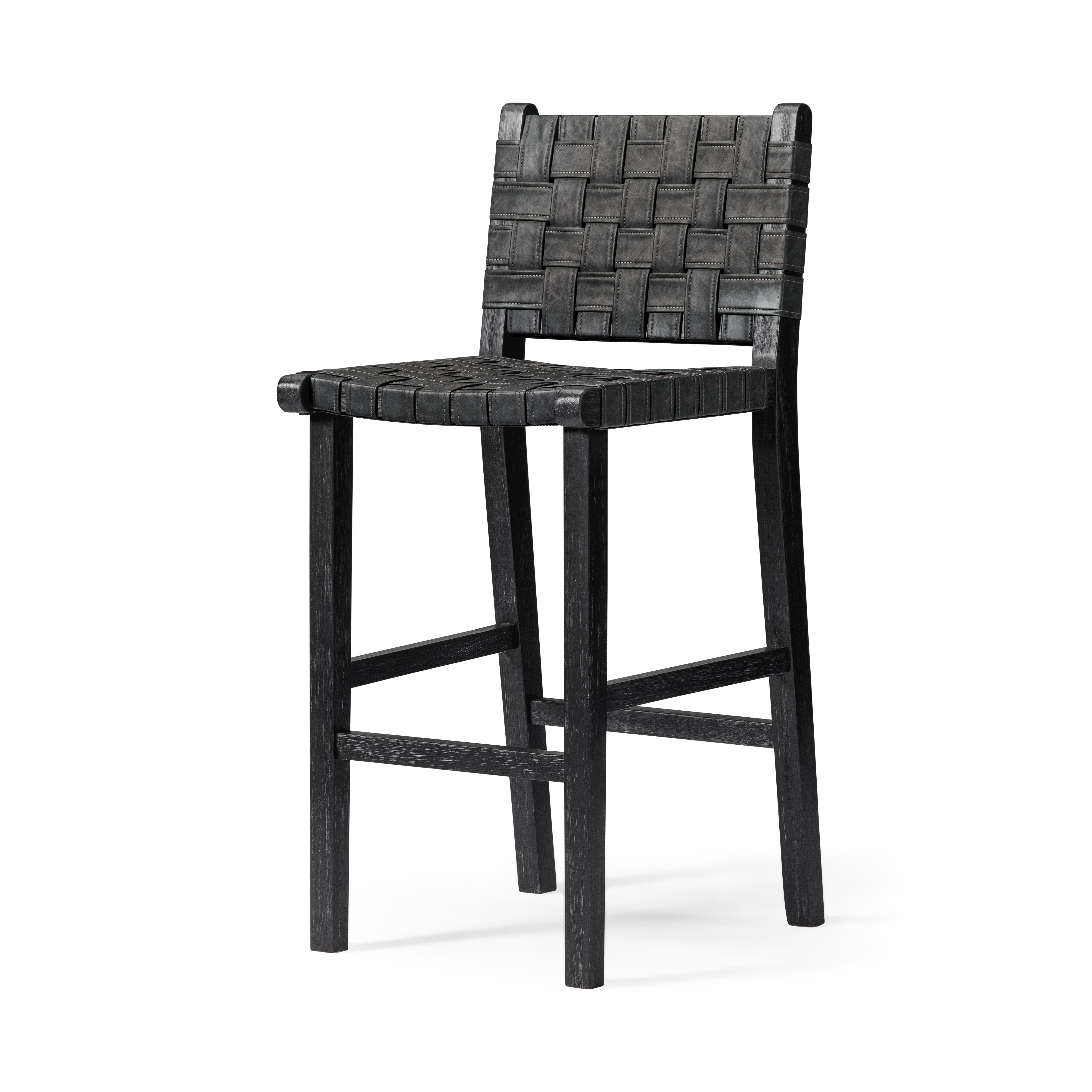 Noah Bar Stool In Aged Black Finish With Charcoal Black Vegan Leather in Stools by Maven Lane