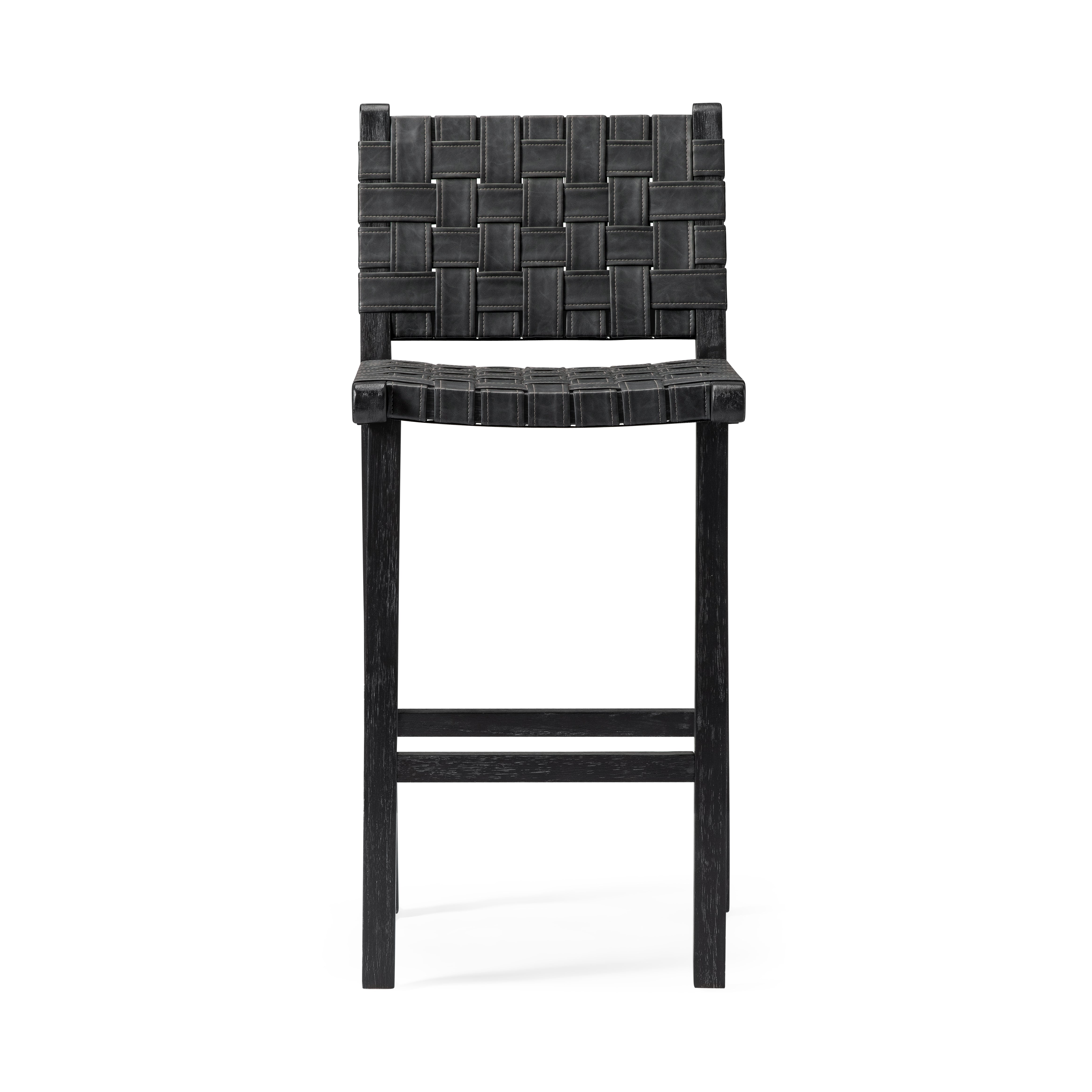 Noah Bar Stool In Aged Black Finish With Charcoal Black Vegan Leather in Stools by Maven Lane