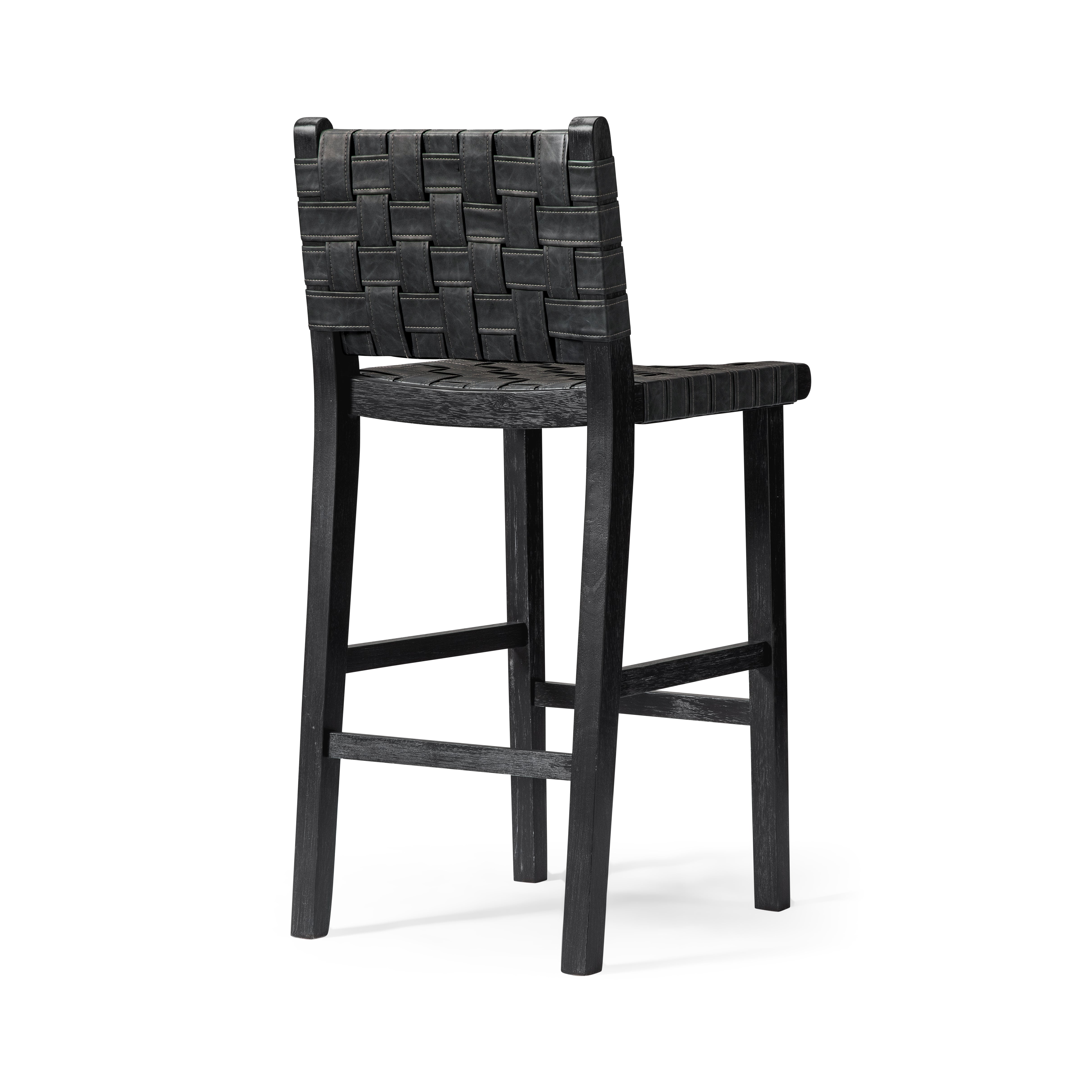 Noah Bar Stool In Aged Black Finish With Charcoal Black Vegan Leather in Stools by Maven Lane