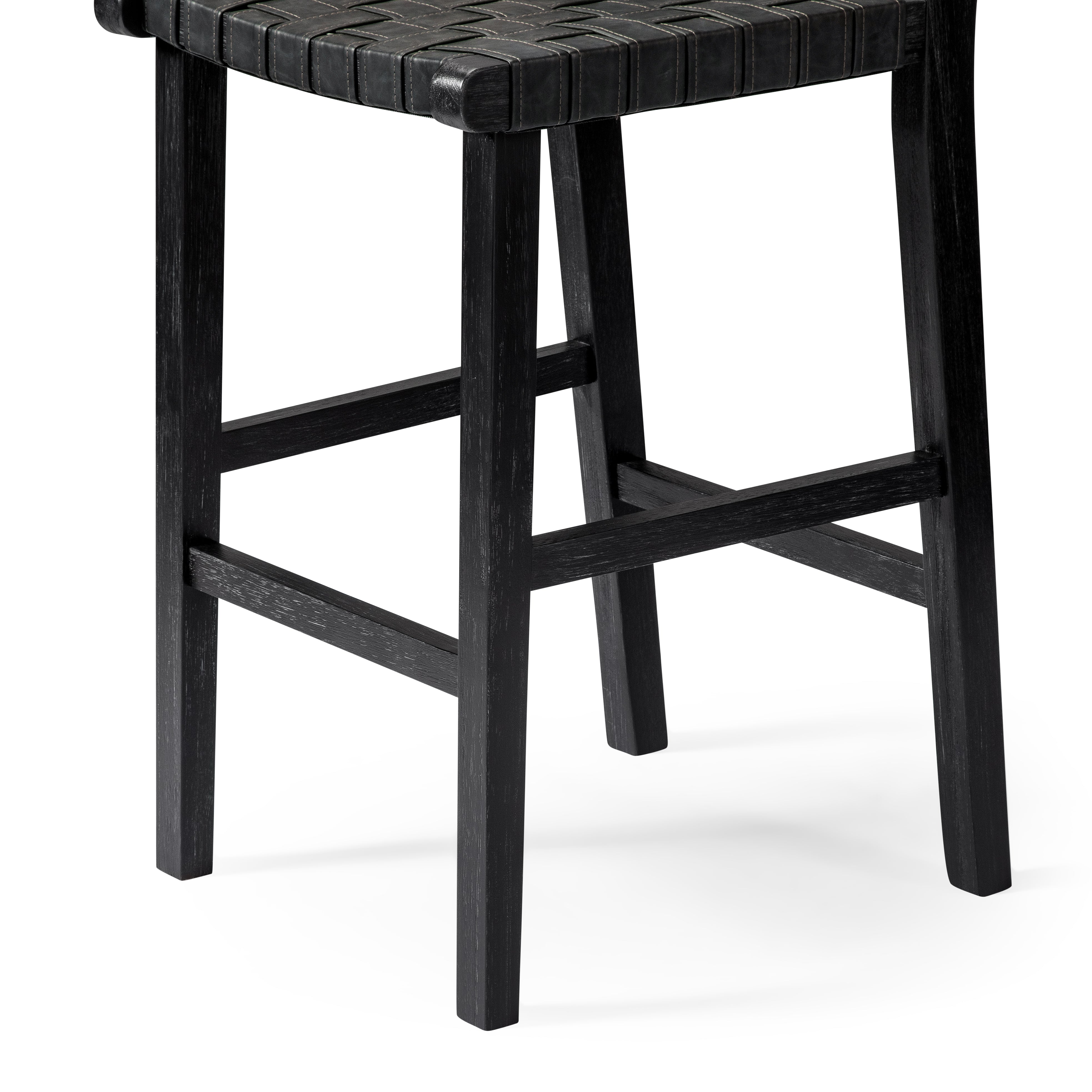 Noah Bar Stool In Aged Black Finish With Charcoal Black Vegan Leather in Stools by Maven Lane