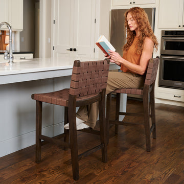 Noah Counter Stool In Brown Finish & Brown Woven Faux Leather Seat