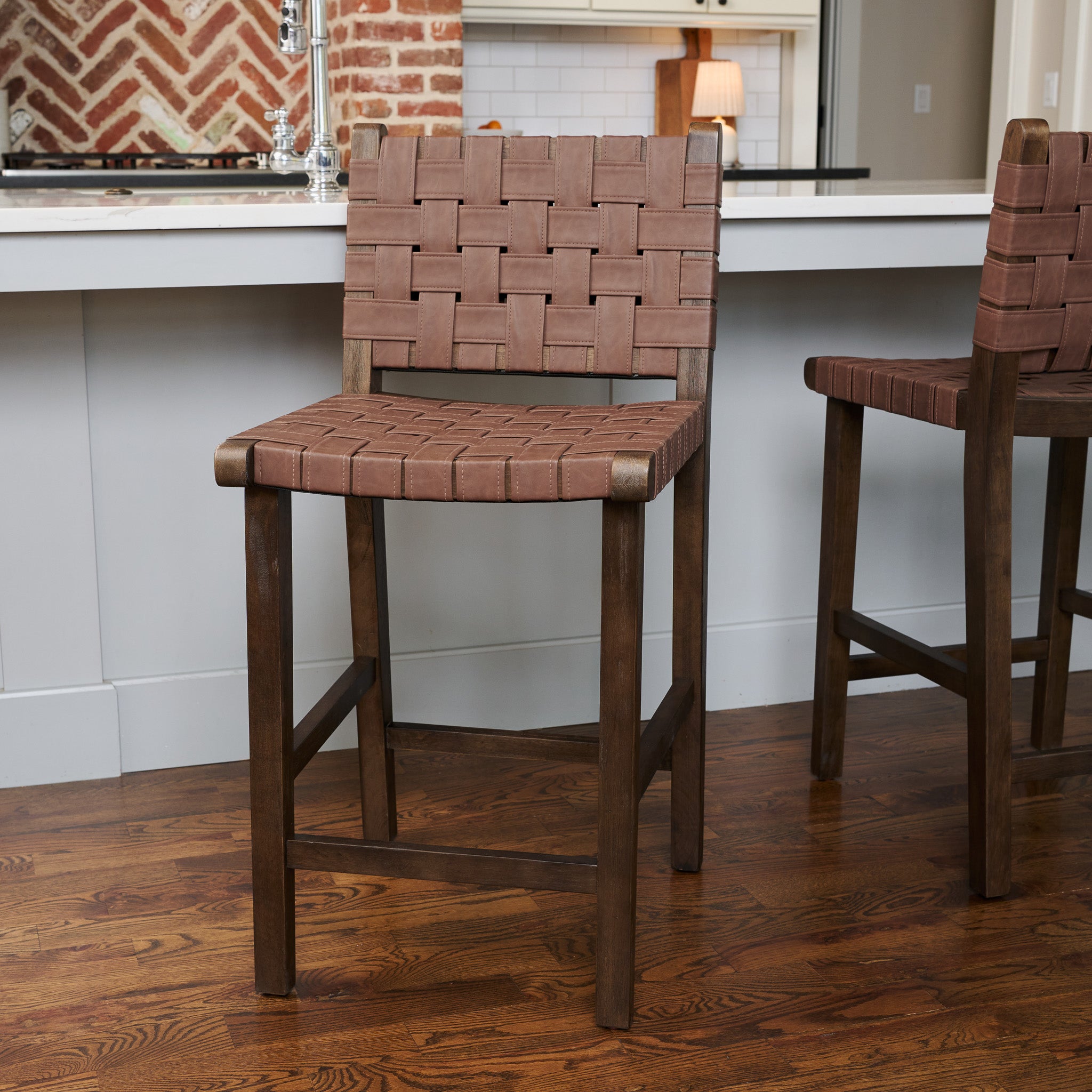 26" Noah Counter Stool In Brown Finish & Brown Woven Faux Leather Seat in Stools by Maven Lane