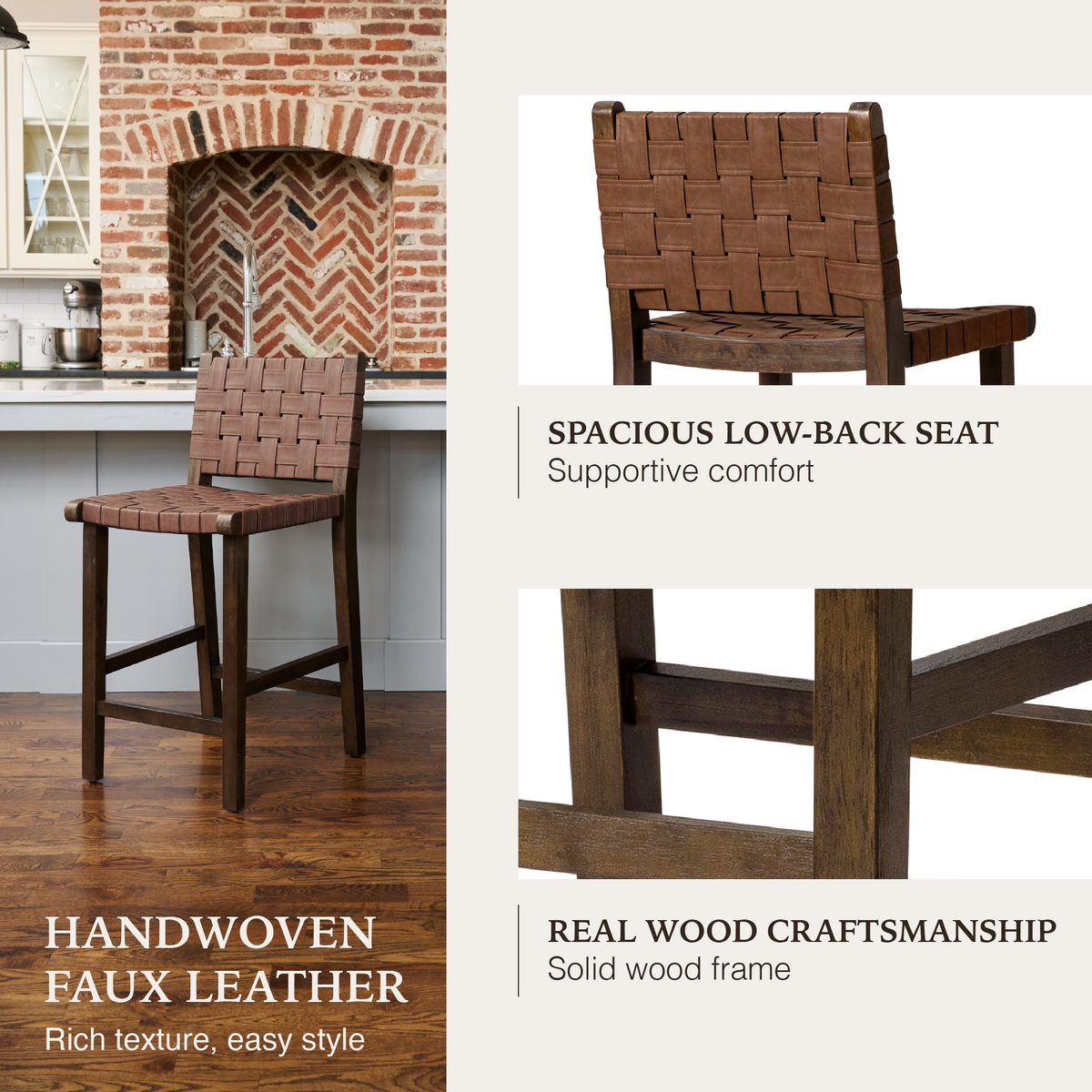 Noah Counter Stool In Brown Finish & Brown Woven Faux Leather Seat in Stools by Maven Lane