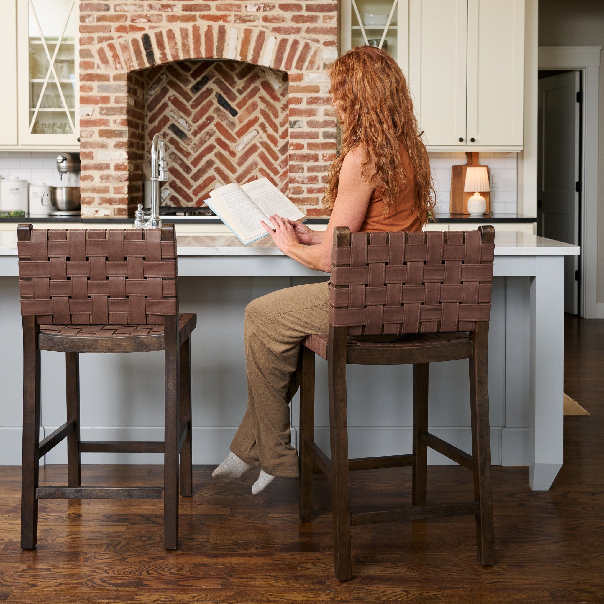 26" Noah Counter Stool In Brown Finish & Brown Woven Faux Leather Seat (Set of 2) in Stools by Maven Lane