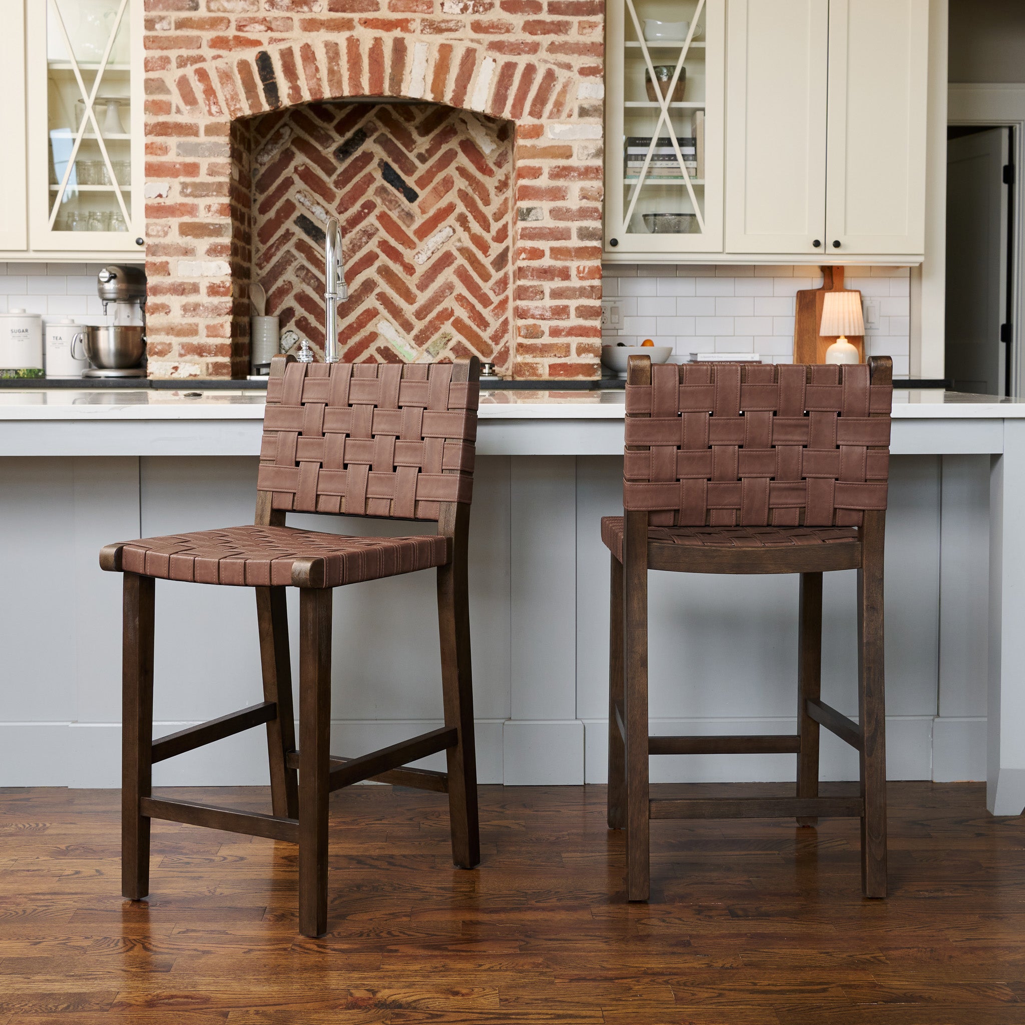 26" Noah Counter Stool In Brown Finish & Brown Woven Faux Leather Seat (Set of 2) in Stools by Maven Lane