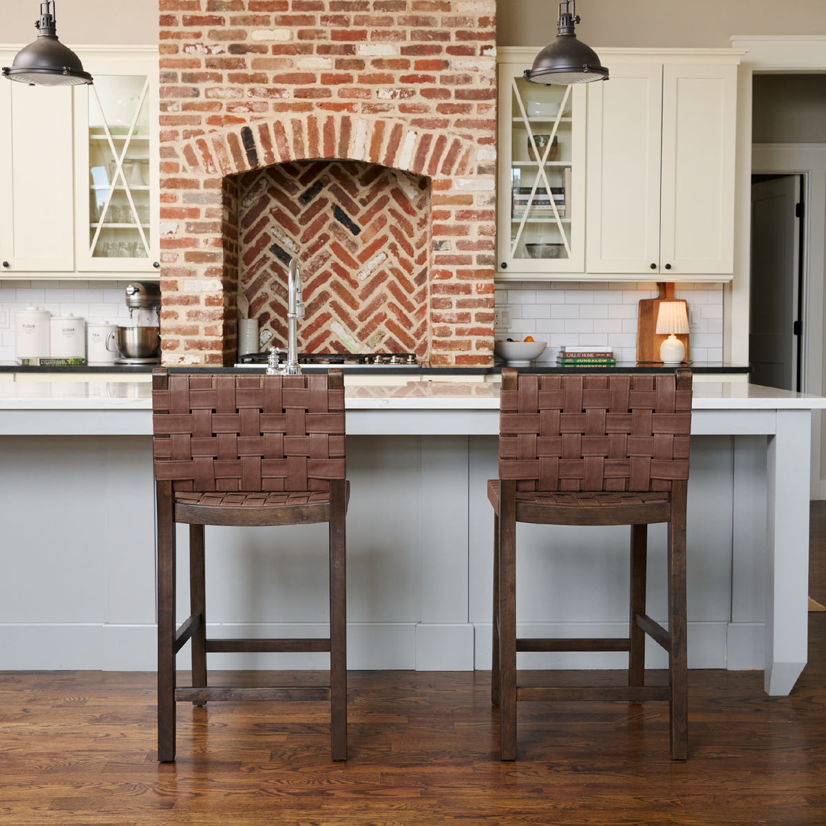 Noah Counter Stool In Brown Finish & Brown Woven Faux Leather Seat in Stools by Maven Lane