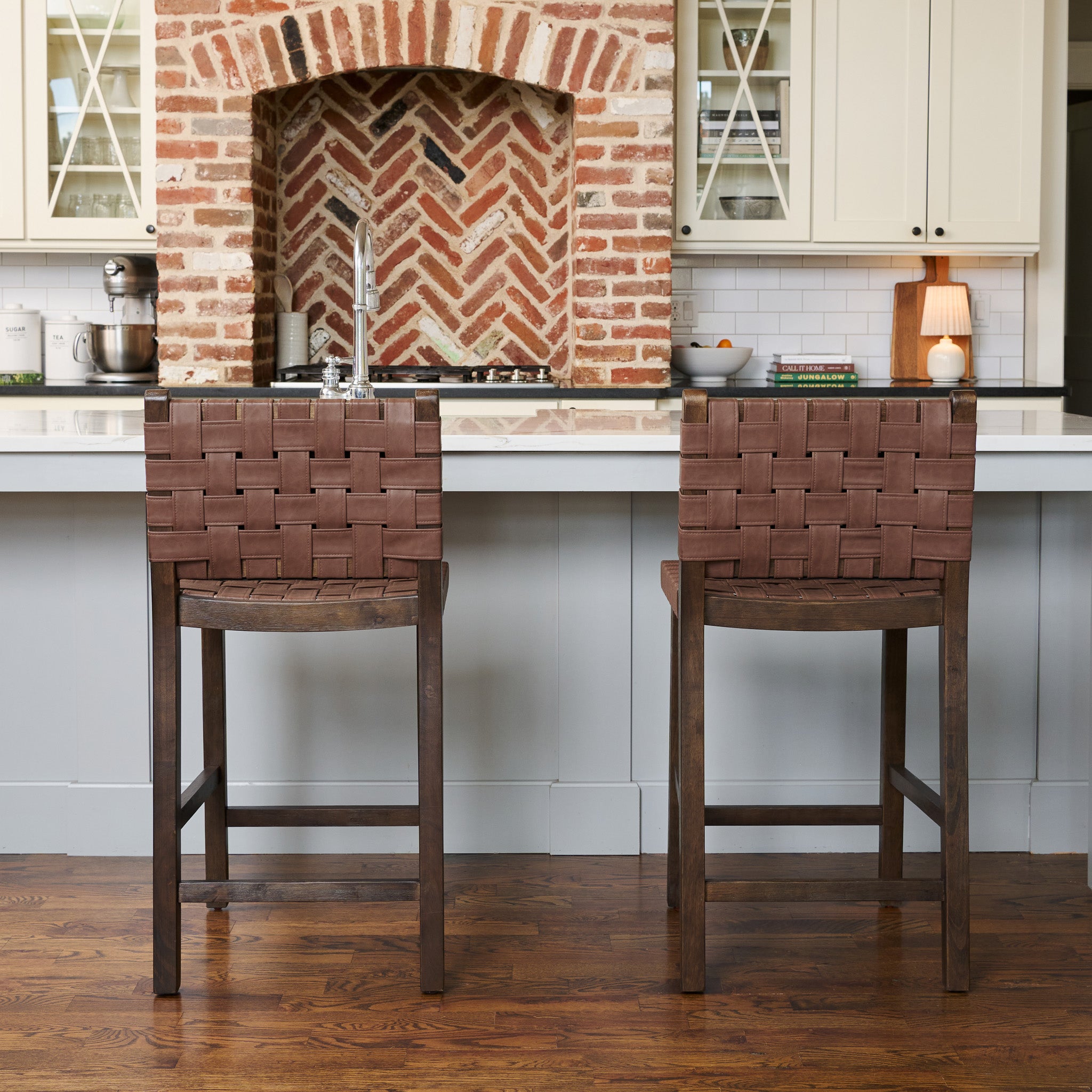 26" Noah Counter Stool In Brown Finish & Brown Woven Faux Leather Seat (Set of 2) in Stools by Maven Lane