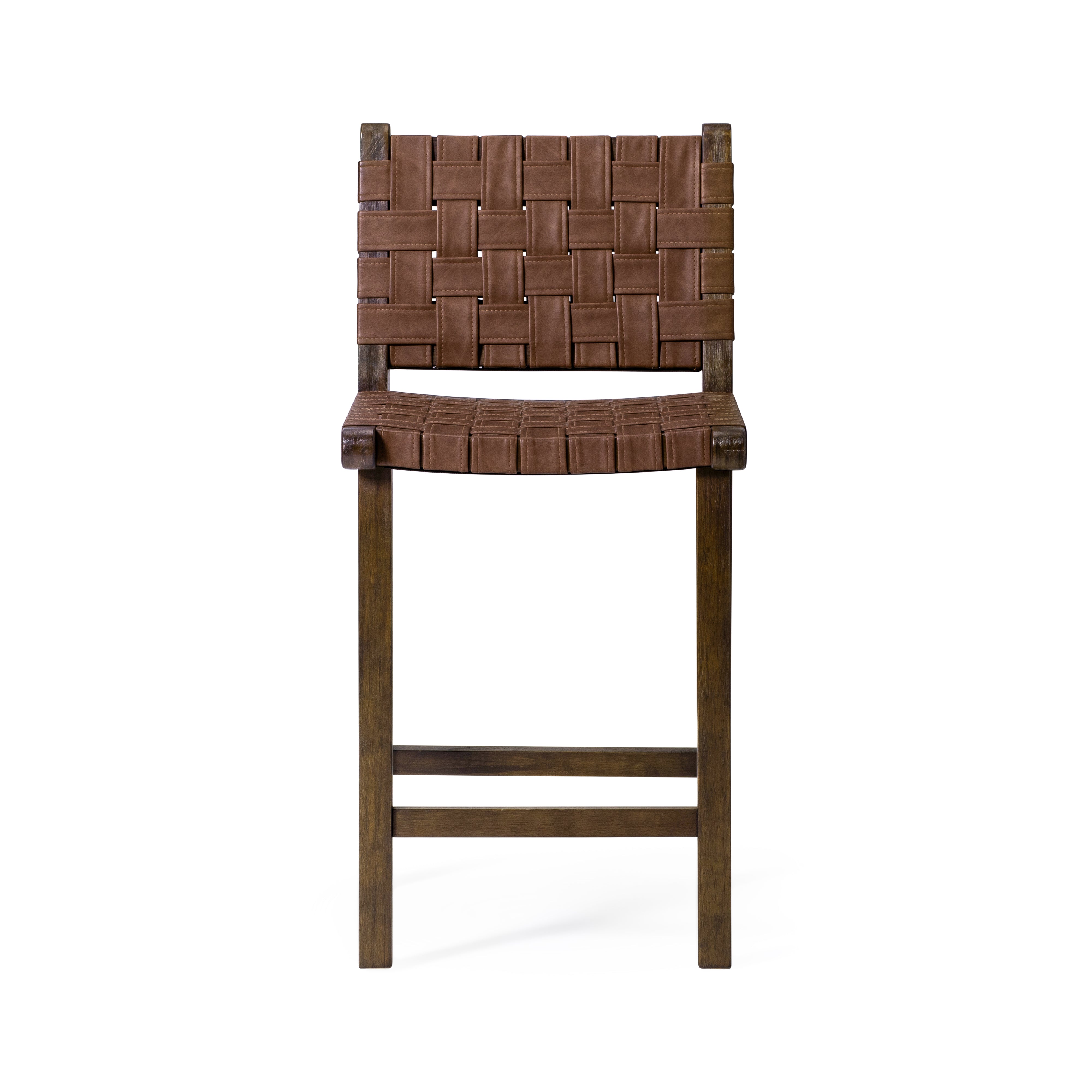26" Noah Counter Stool In Brown Finish & Brown Woven Faux Leather Seat (Set of 3) in Stools by Maven Lane