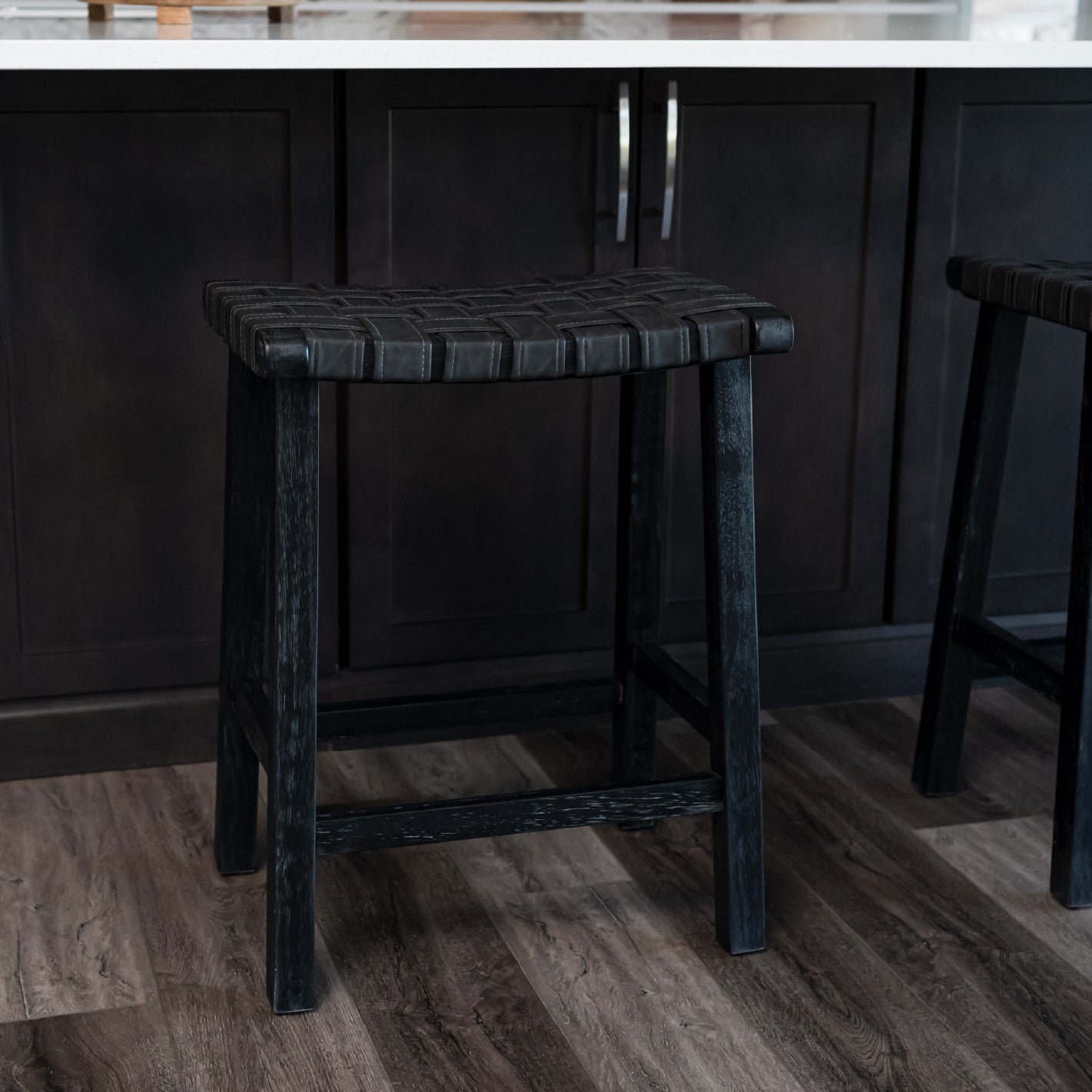 25" Noah Backless Counter Stool in Aged Black Finish with Charcoal Black Vegan Leather in Stools by Maven Lane
