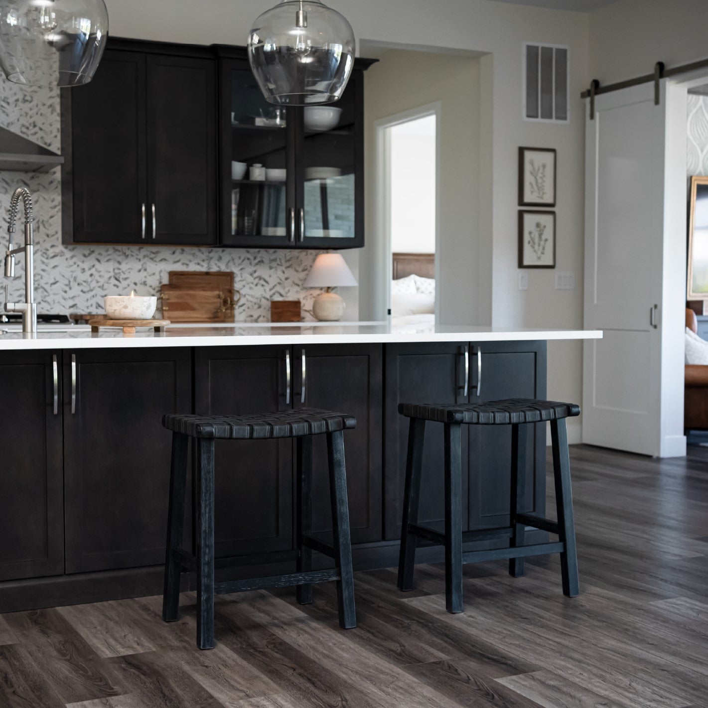 26" Noah Backless Counter Stool In Black Finish & Dark Grey Woven Faux Leather Seat (Set of 4) in Stools by Maven Lane