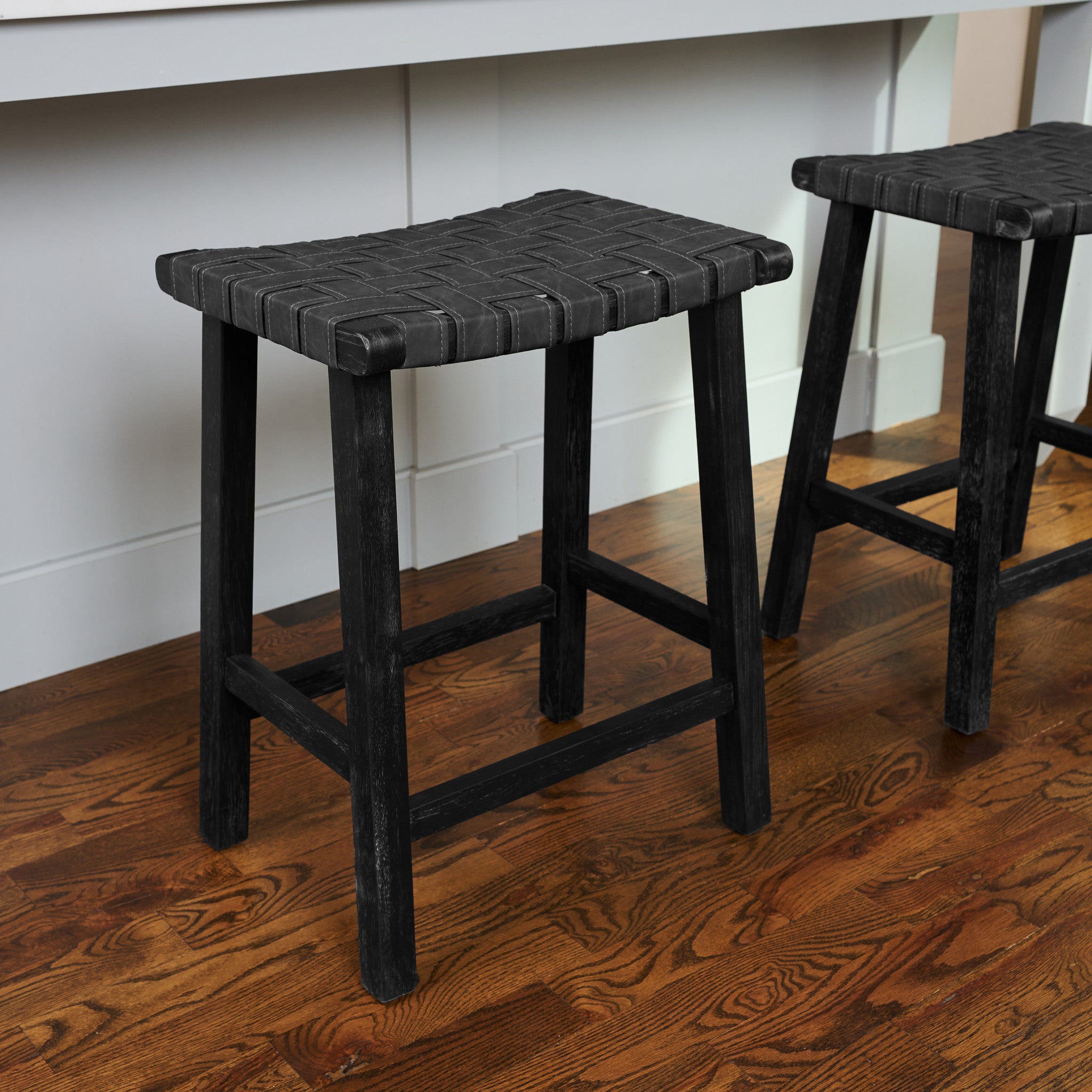 26" Noah Backless Counter Stool In Black Finish & Dark Grey Woven FauxLeather Seat in Stools by Maven Lane