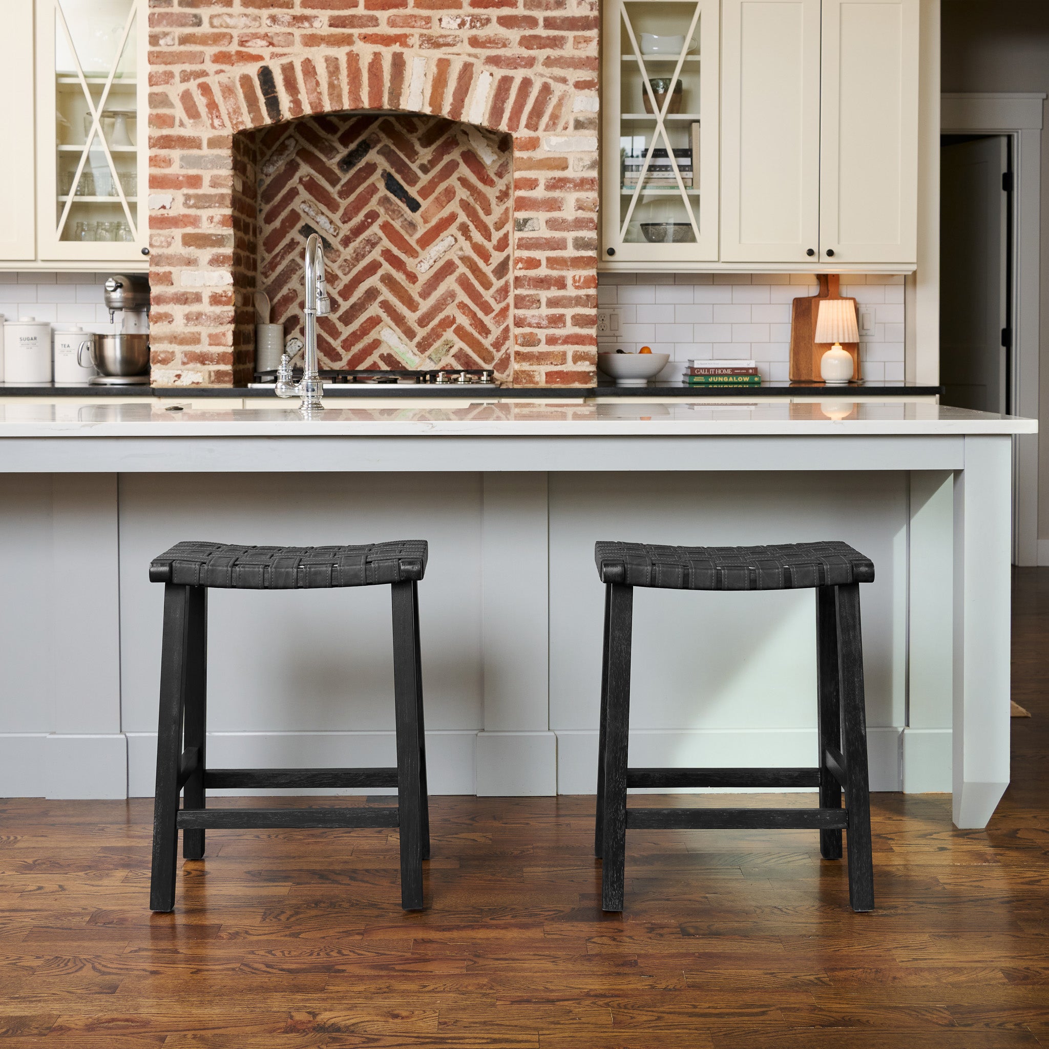 26" Noah Backless Counter Stool In Black Finish & Dark Grey Woven Faux Leather Seat (Set of 4) in Stools by Maven Lane