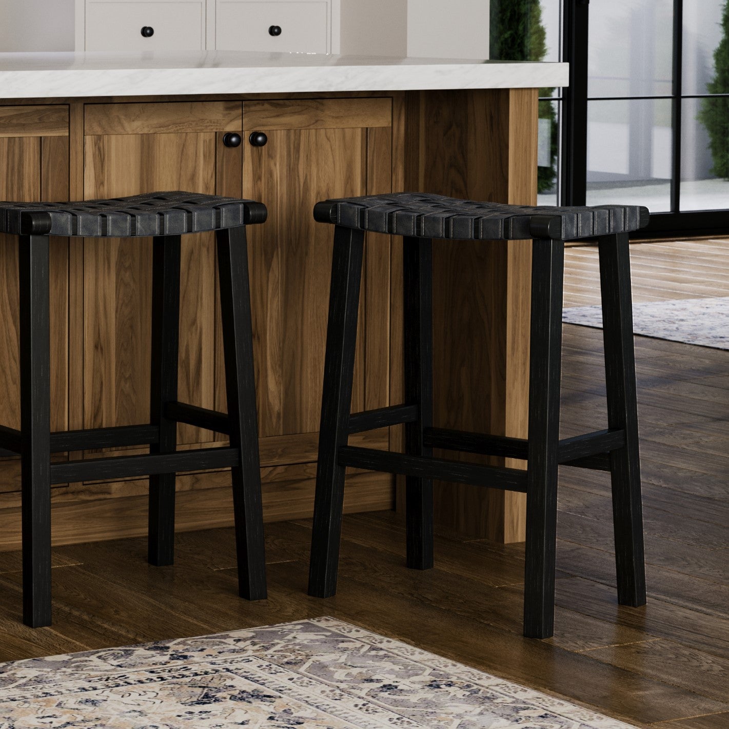 30" Noah Backless Bar Stool in Aged Black Finish with Charcoal Black Vegan Leather