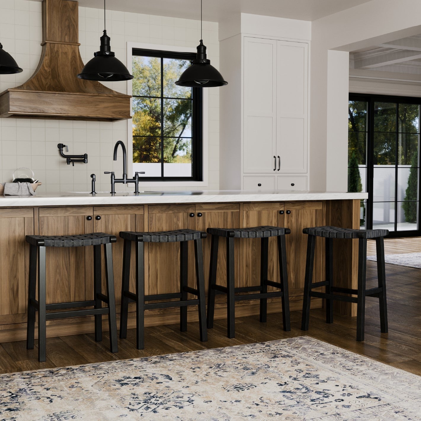 31" Noah Backless Bar Stool In Black Finish & Dark Grey Woven Faux Leather Seat (Set of 4) in Stools by Maven Lane