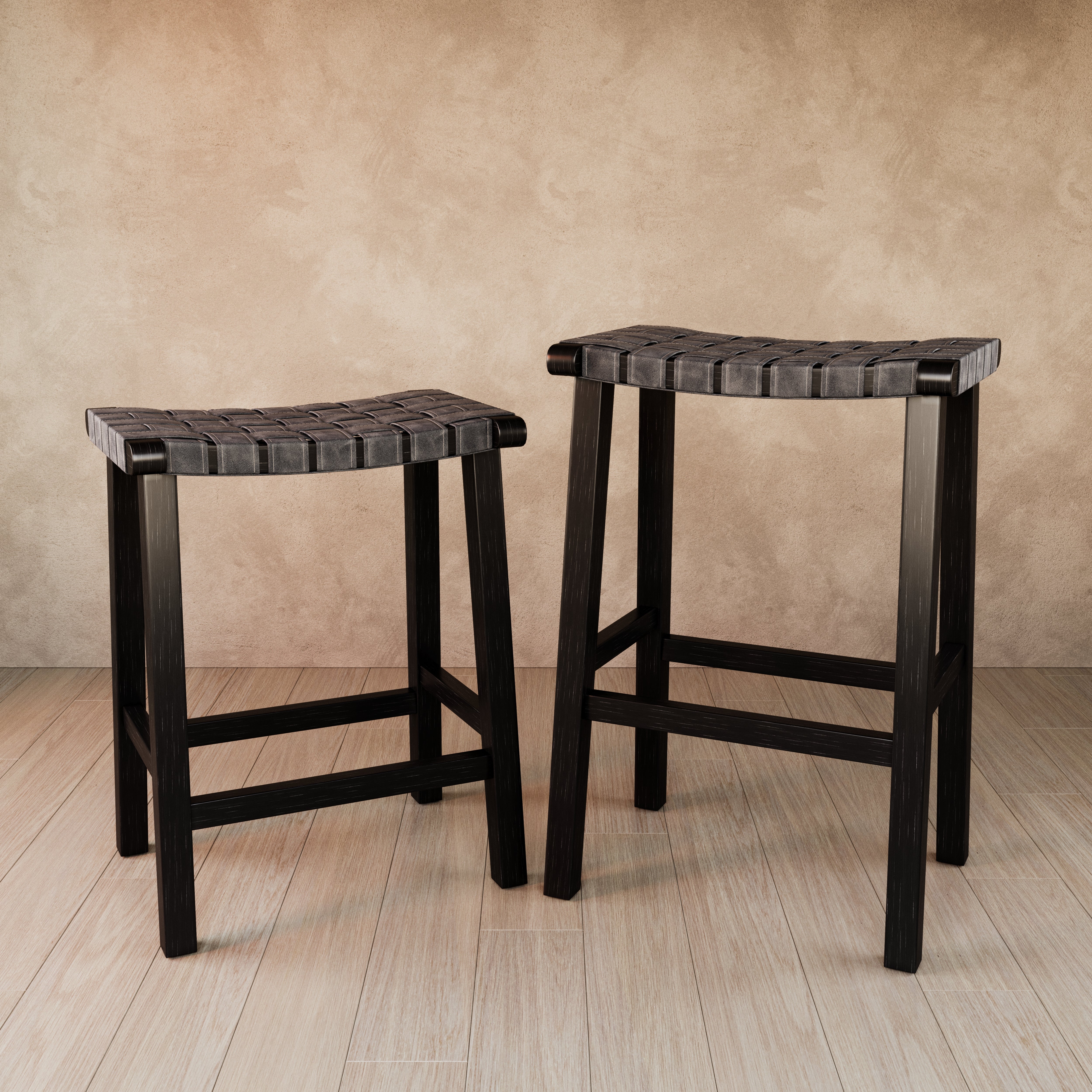 Noah Backless Bar Stool In Aged Black Finish With Charcoal Black Vegan Leather in Stools by Maven Lane