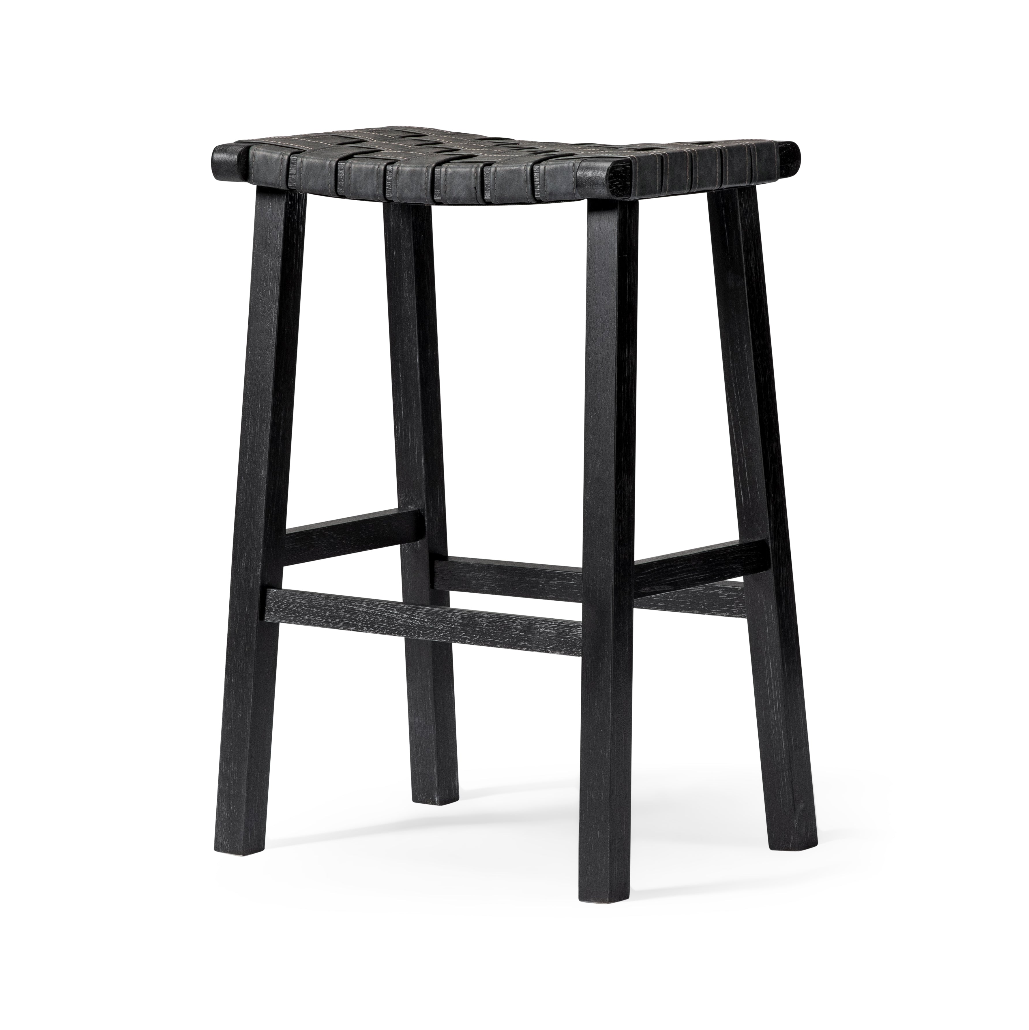 Noah Backless Bar Stool In Aged Black Finish With Charcoal Black Vegan Leather in Stools by Maven Lane