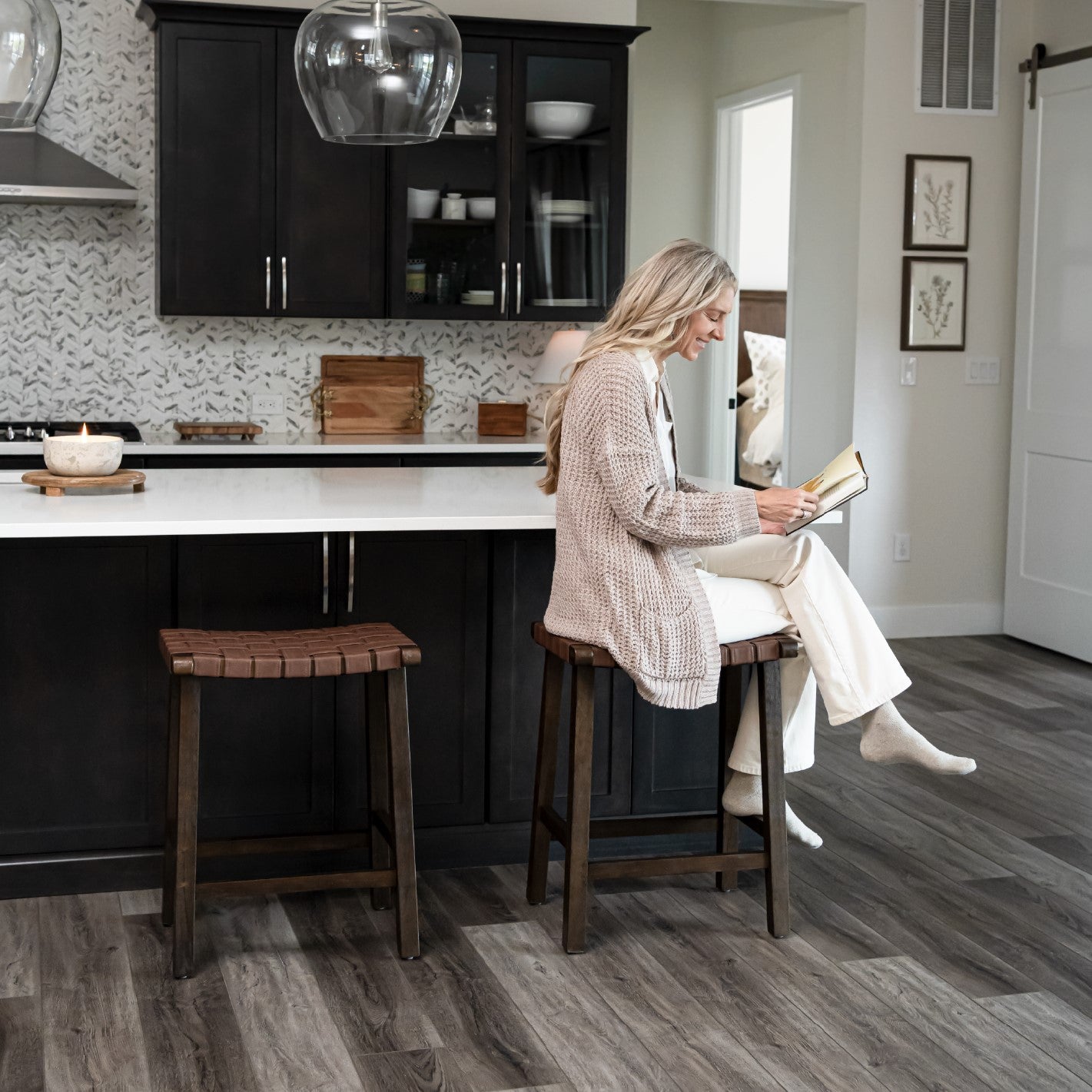 Noah Backless Counter Stool In Brown Finish & Brown Woven Faux Leather Seat in Stools by Maven Lane