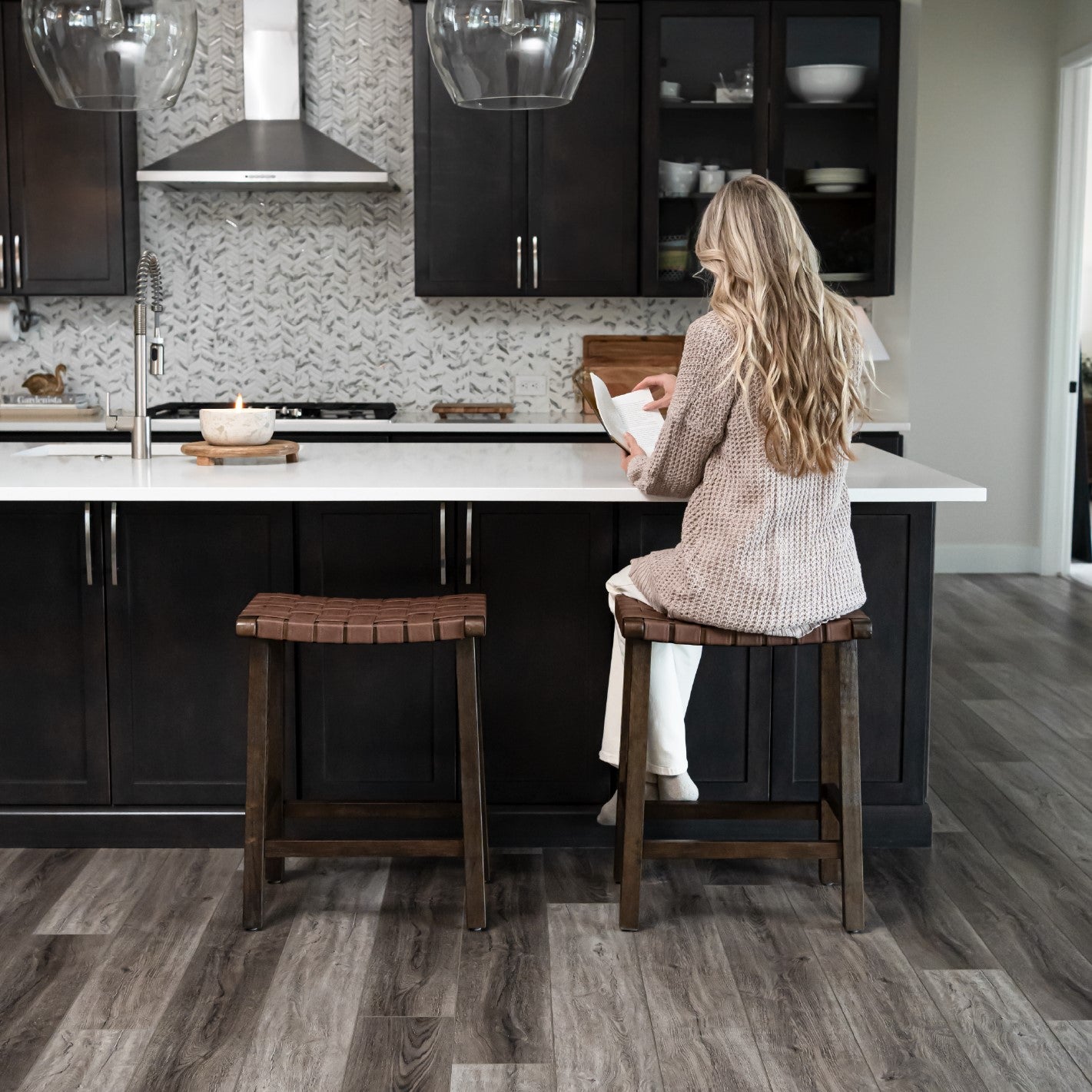 Noah Backless Counter Stool In Brown Finish & Brown Woven Faux Leather Seat in Stools by Maven Lane