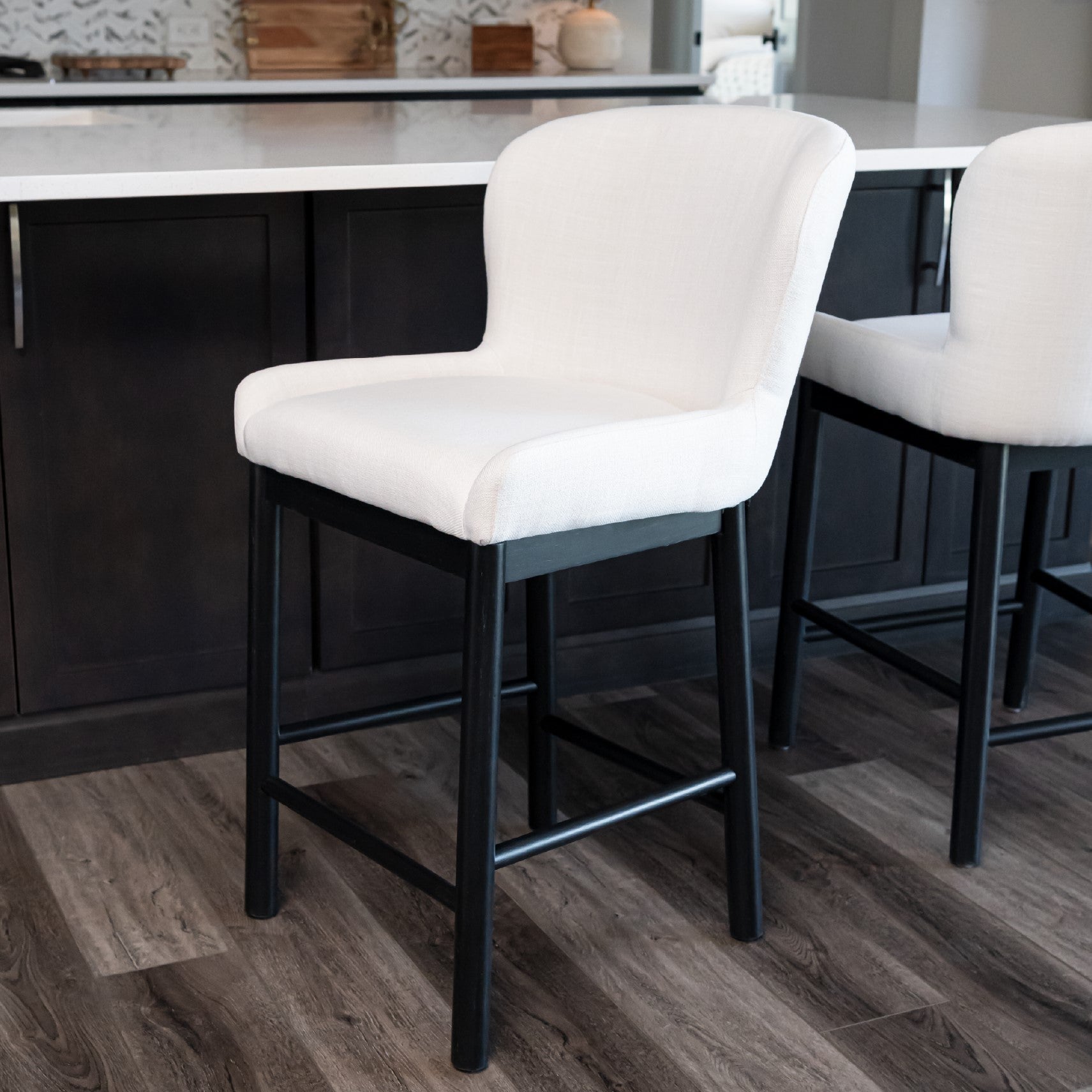26" Gia Counter Stool in Aged Black Finish with Dove Weave Fabric in Stools by Maven Lane