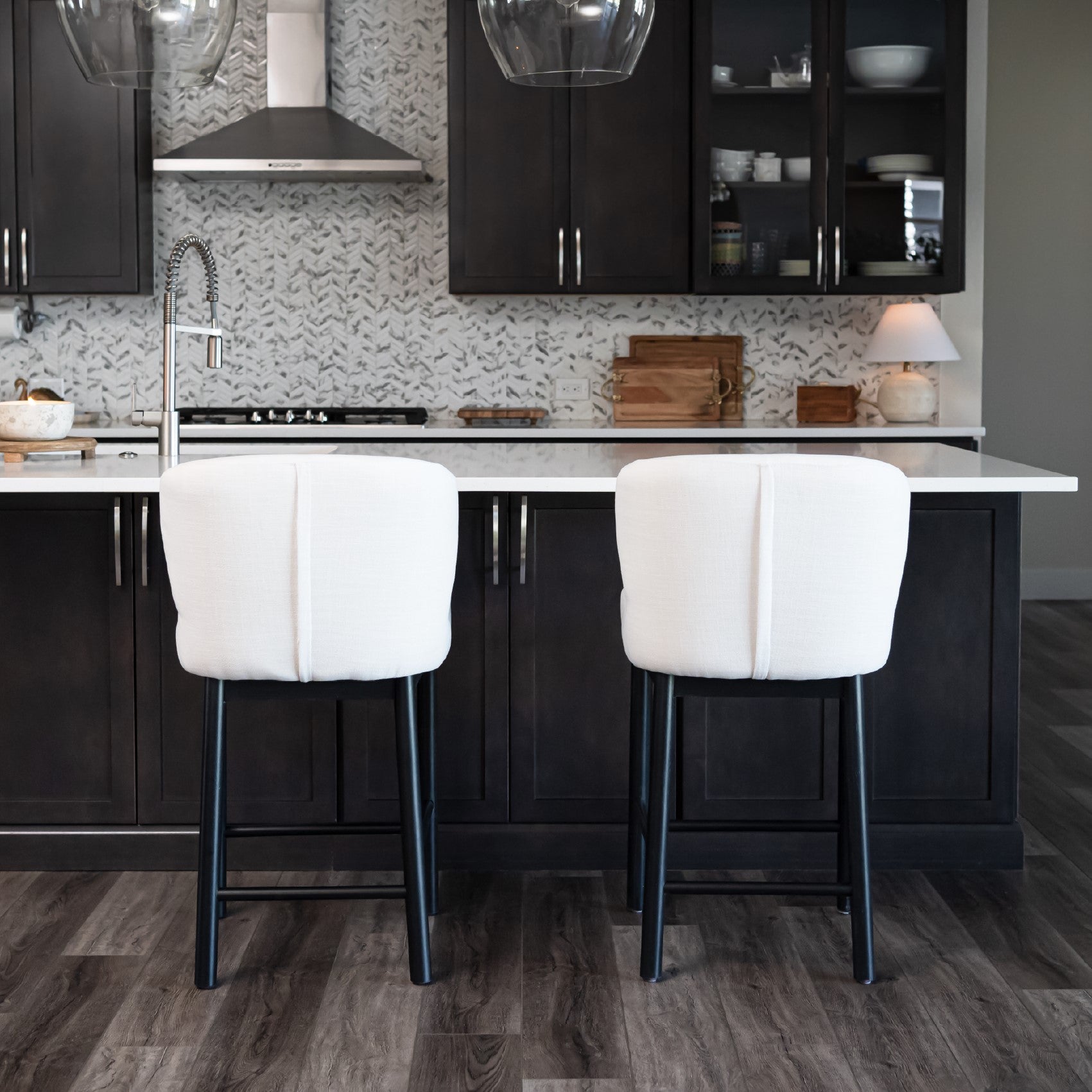 26" Gia Counter Stool in Black Finish and White Fabric (Set of 4) in Stools by Maven Lane