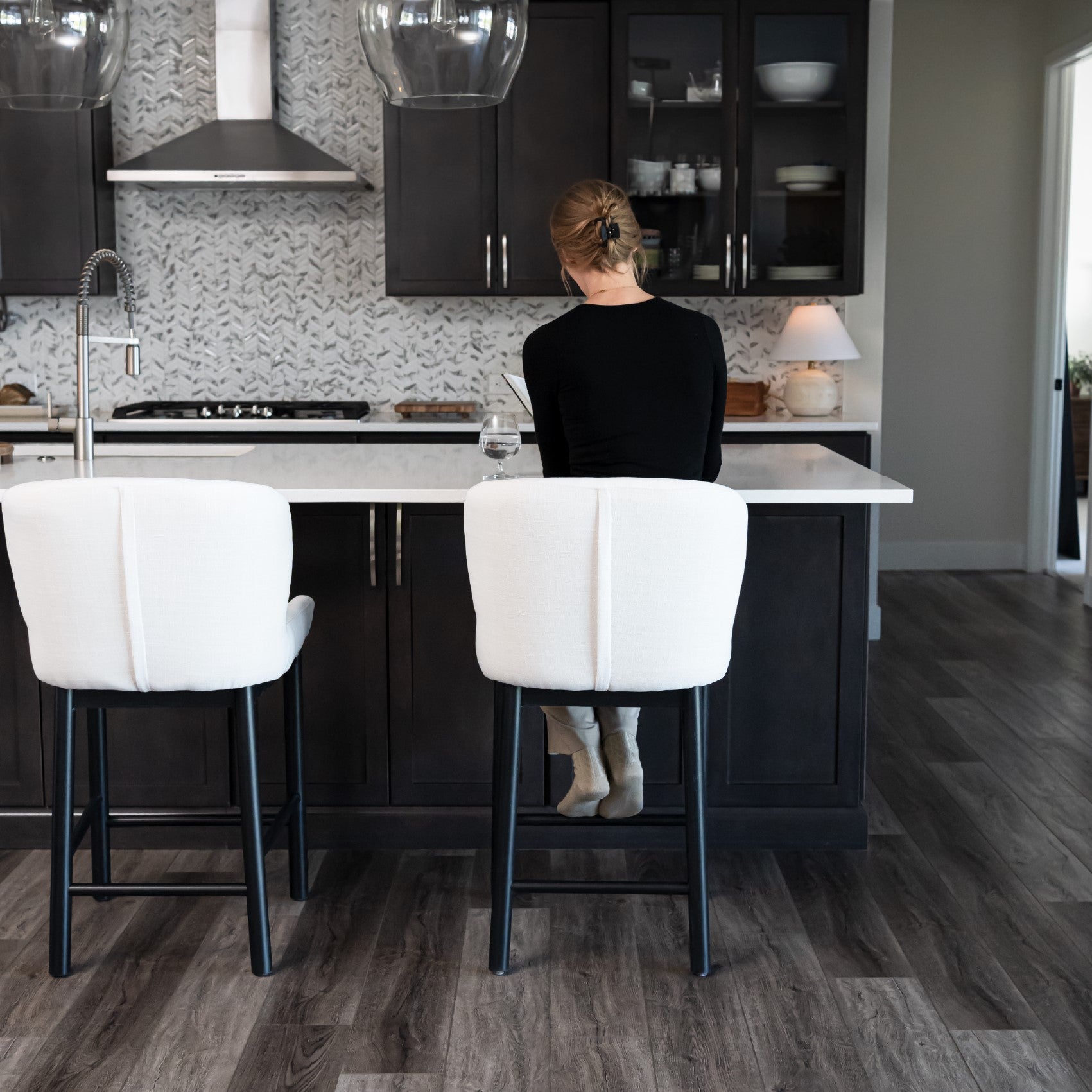 Gia Counter Stool in Black Finish and White Fabric in Stools by Maven Lane
