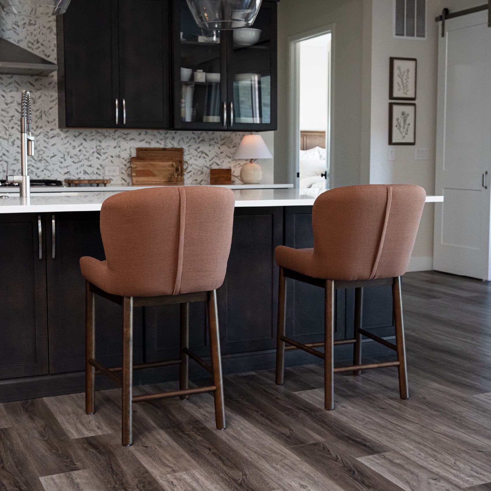 Gia Counter Stool in Brown Finish and Brown Fabric in Stools by Maven Lane