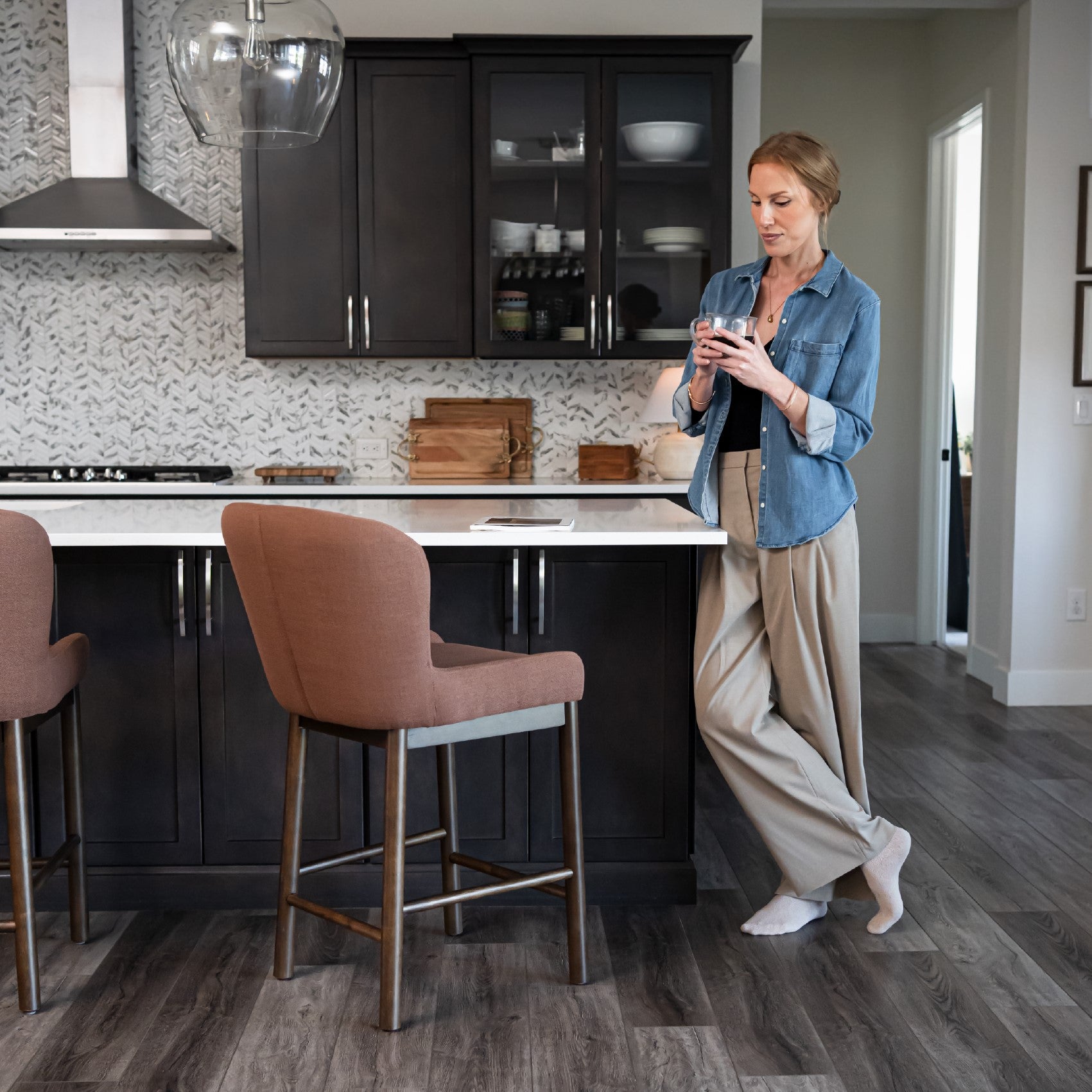 Gia Counter Stool in Brown Finish and Brown Fabric in Stools by Maven Lane