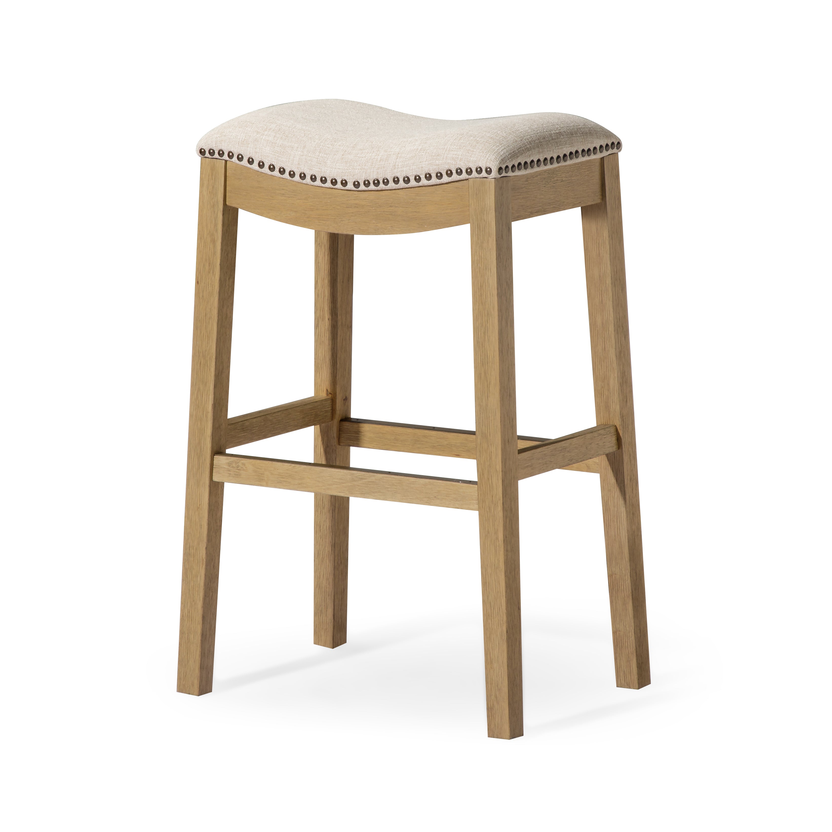 Alex Bar Stool in Aged Natural Finish with Wheat Fabric Upholstery in Stools by Maven Lane