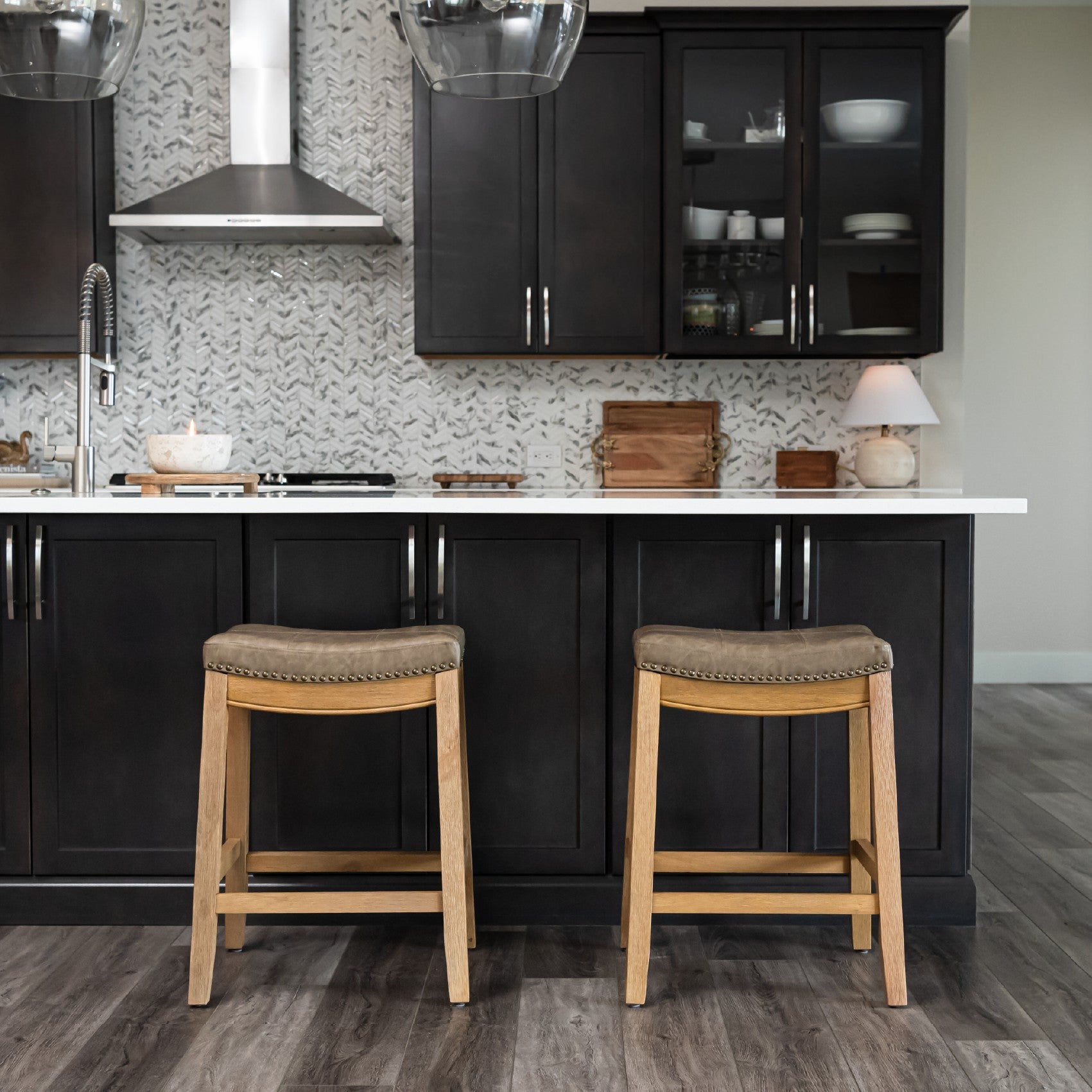26" Sophia Counter Stool in Natural Finish with Dark Tan Faux Leather Upholstery in Stools by Maven Lane