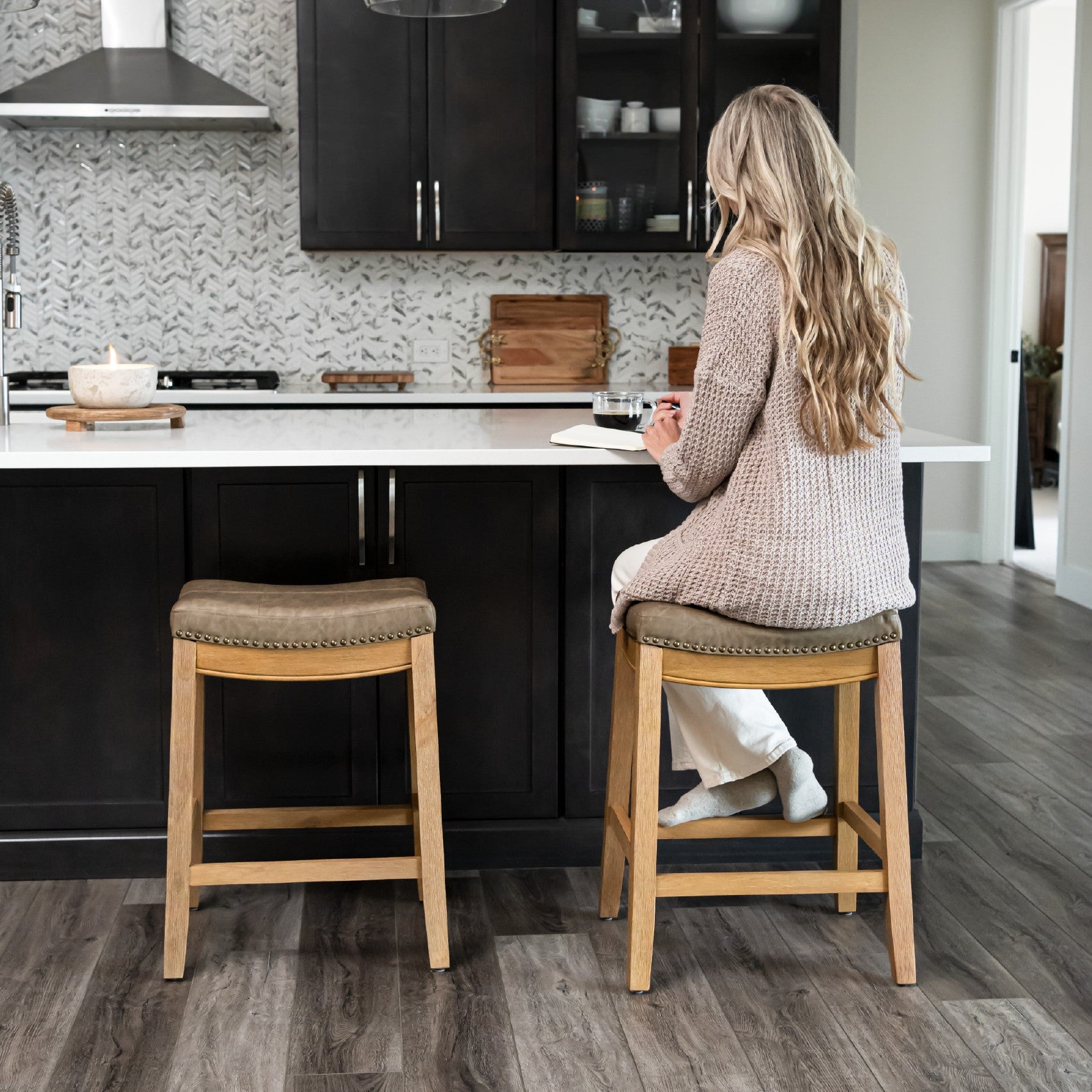 26" Sophia Counter Stool in Natural Finish with Dark Tan Faux Leather Upholstery in Stools by Maven Lane