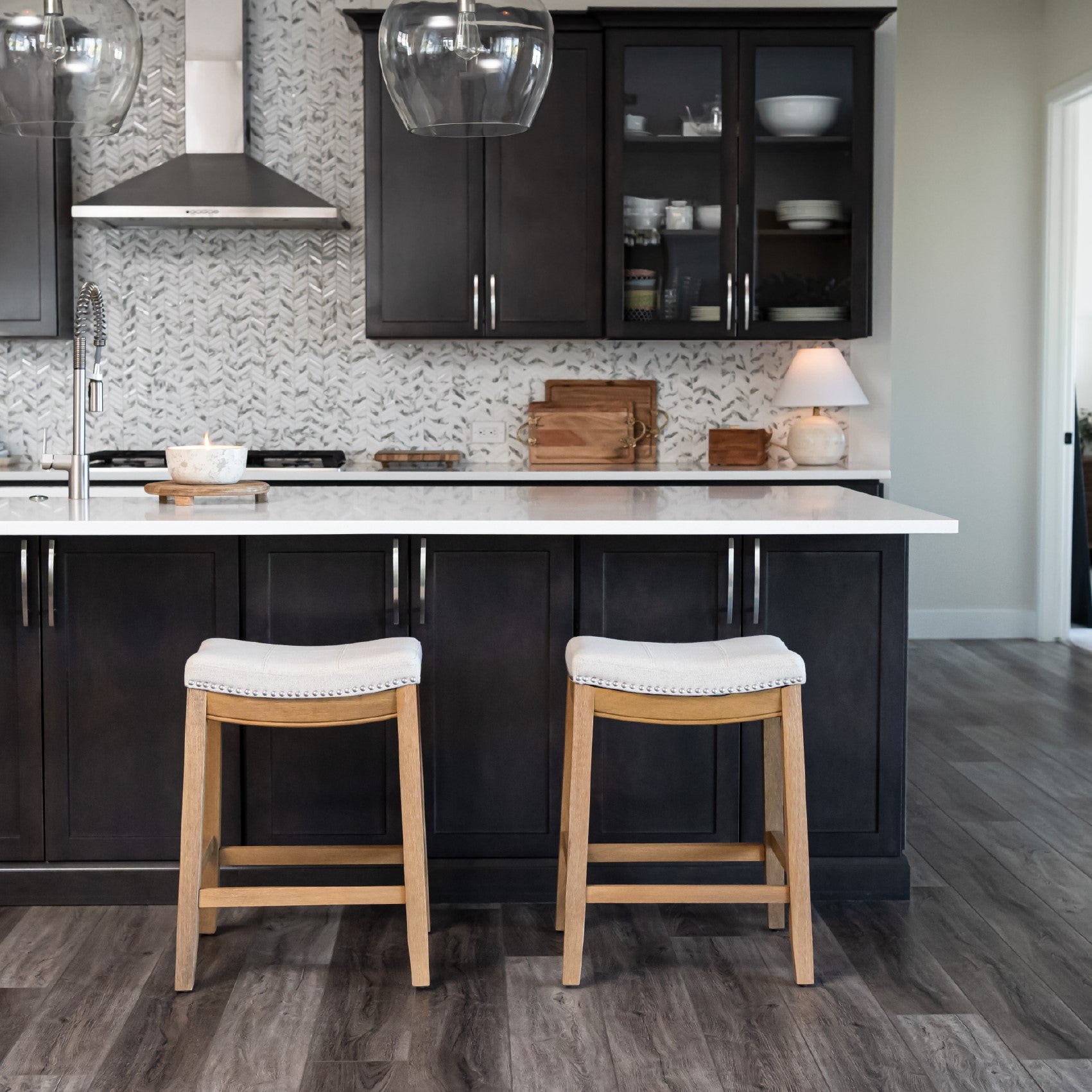 Sophia Counter Stool in Natural Finish with Beige Fabric Upholstery in Stools by Maven Lane