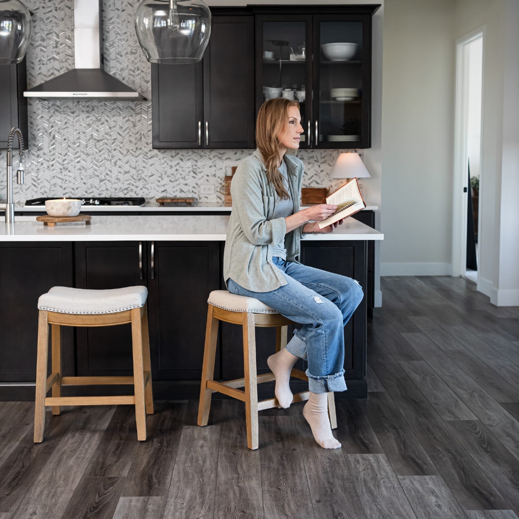 Sophia Counter Stool in Natural Finish with Beige Fabric Upholstery in Stools by Maven Lane