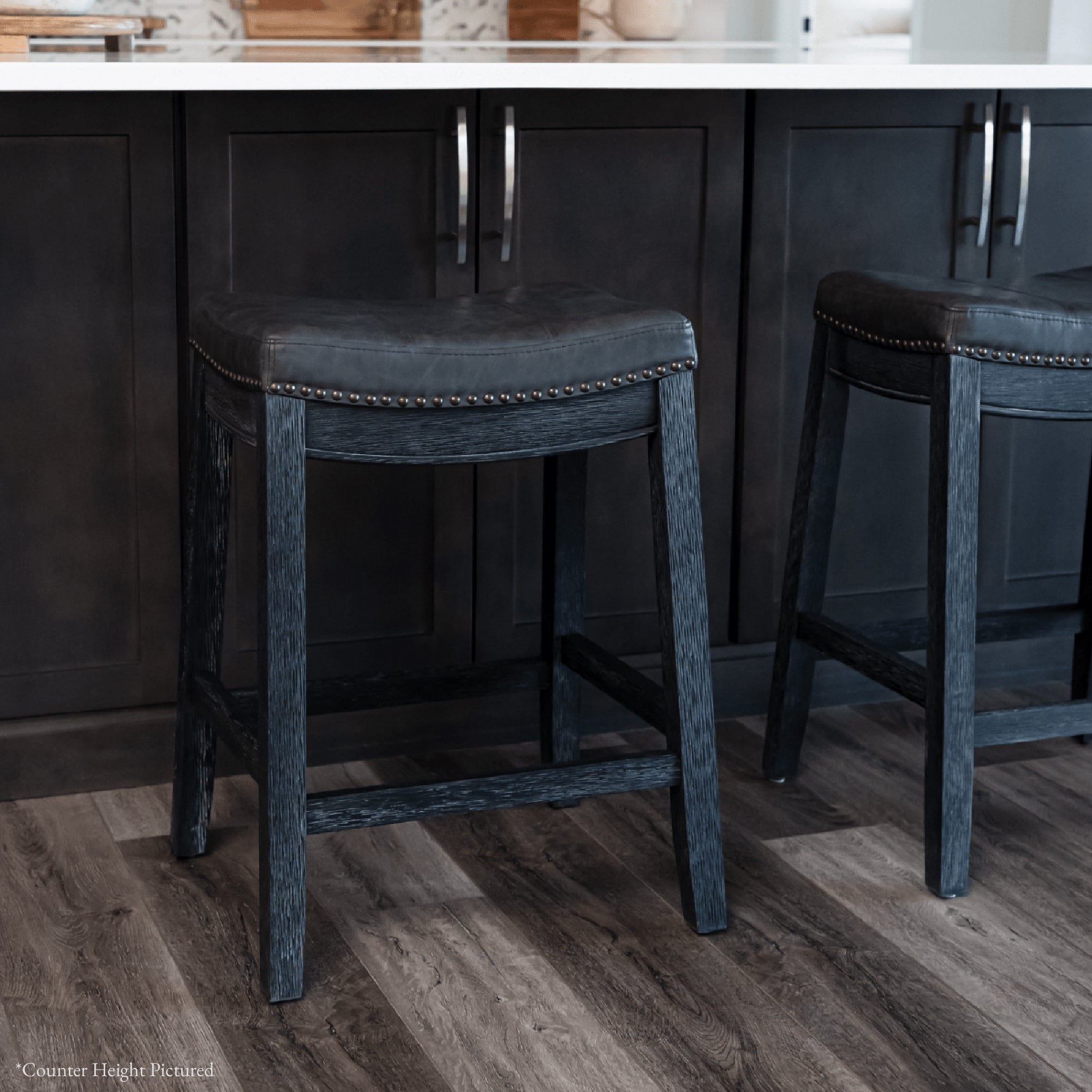 Sophia Bar Stool in Black Finish with Dark Grey Faux Leather Seat in Stools by Maven Lane