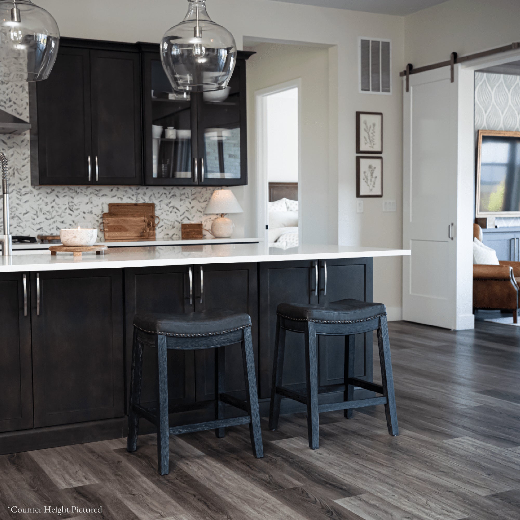 Sophia Bar Stool in Black Finish with Dark Grey Faux Leather Seat in Stools by Maven Lane