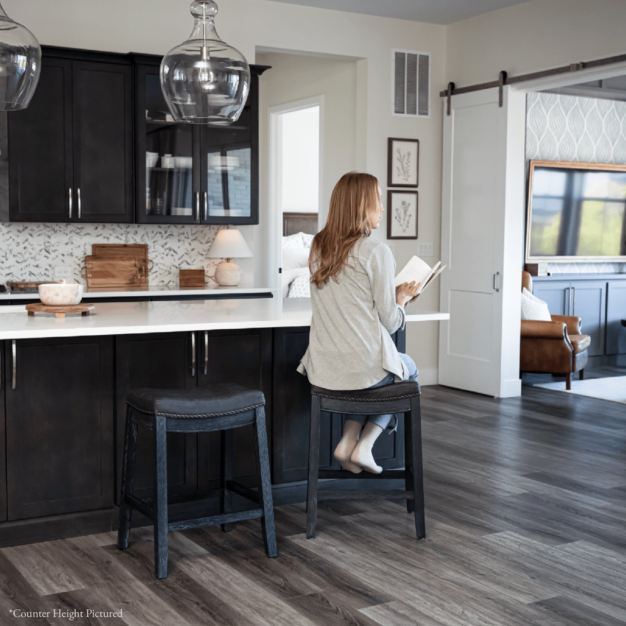 Sophia Bar Stool in Black Finish with Dark Grey Faux Leather Seat in Stools by Maven Lane