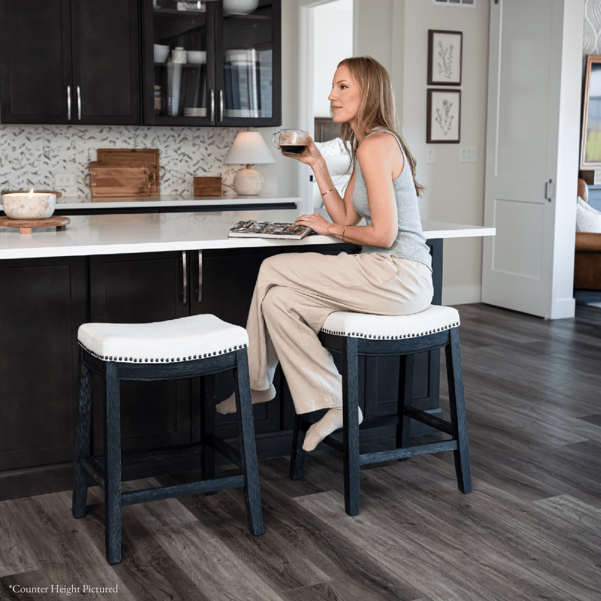 Sophia Bar Stool in Black Finish with White Fabric Upholstery in Stools by Maven Lane