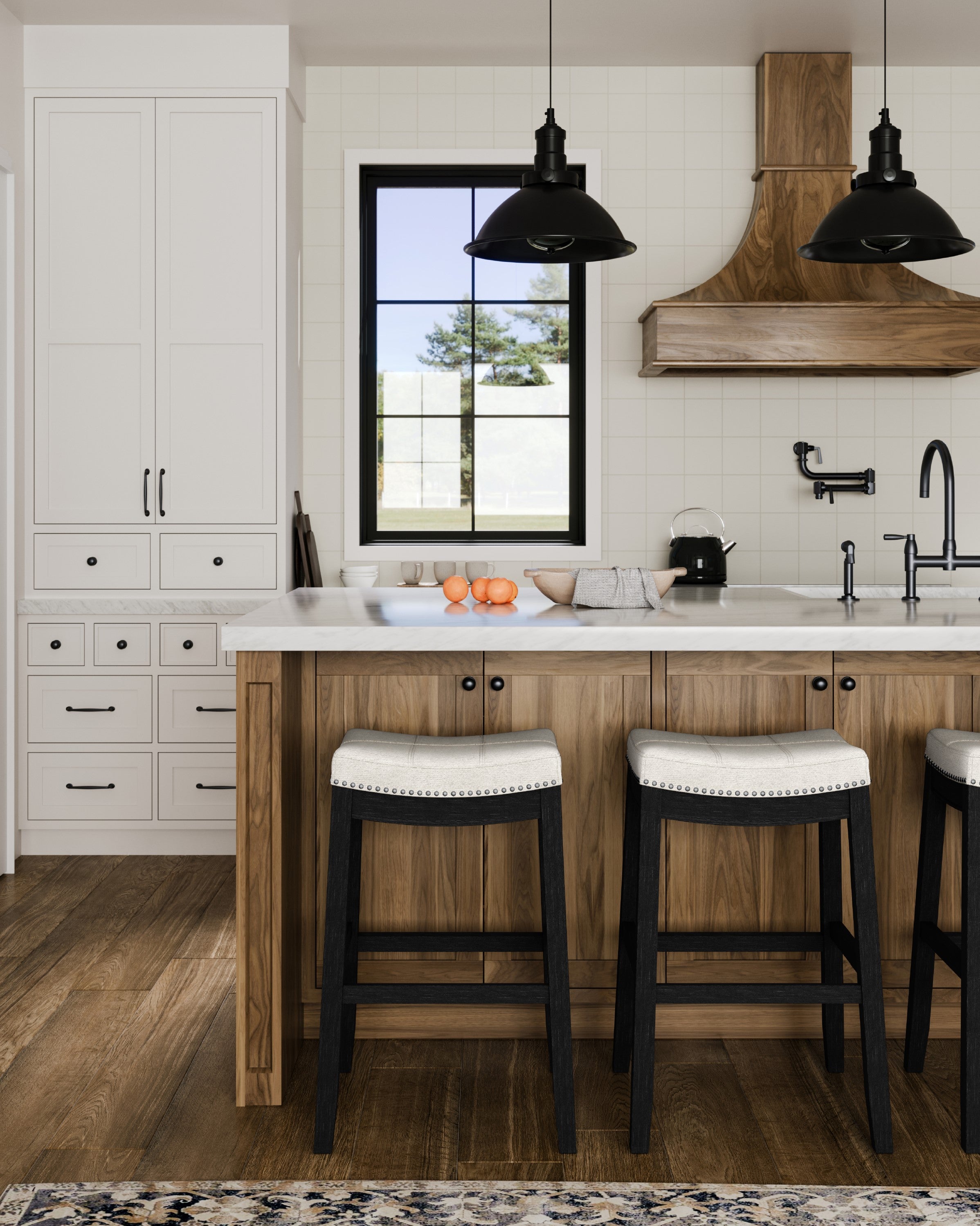 31" Sophia Bar Stool in Black Finish with White Fabric Upholstery in Stools by Maven Lane