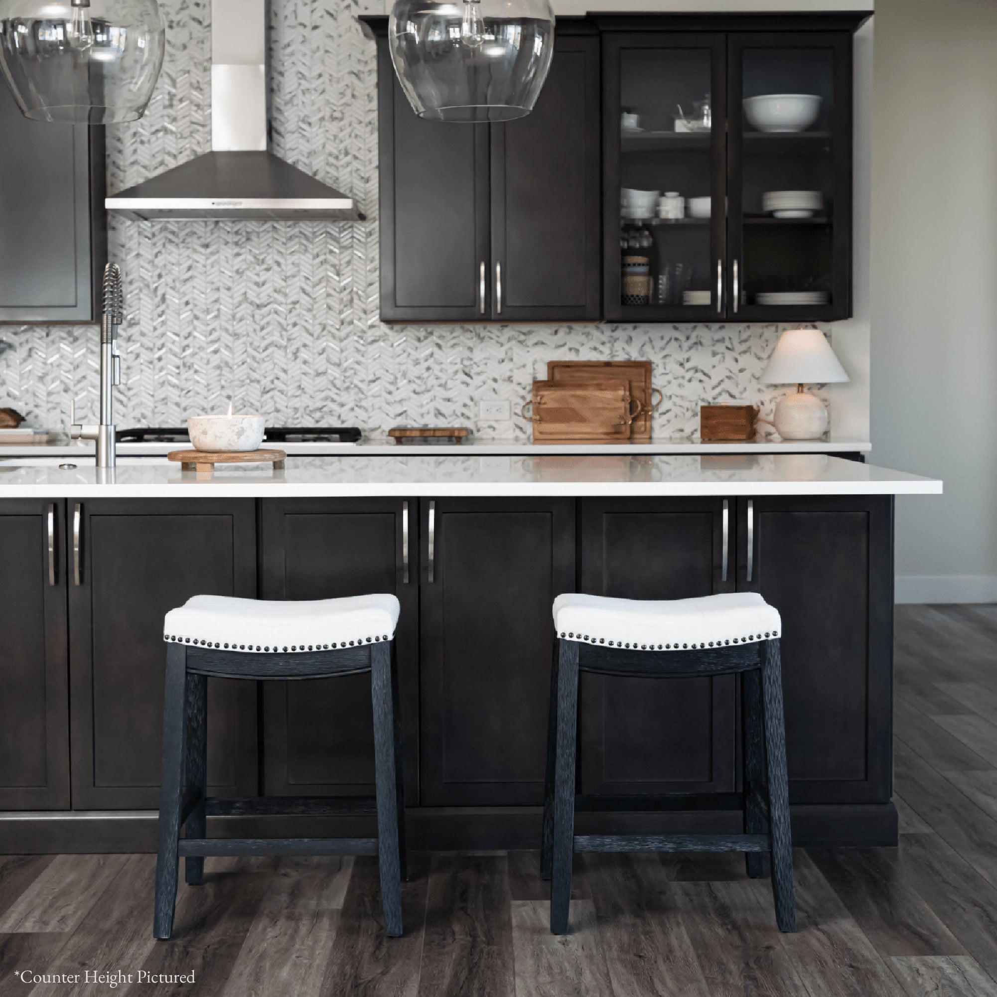 Sophia Bar Stool in Black Finish with White Fabric Upholstery in Stools by Maven Lane
