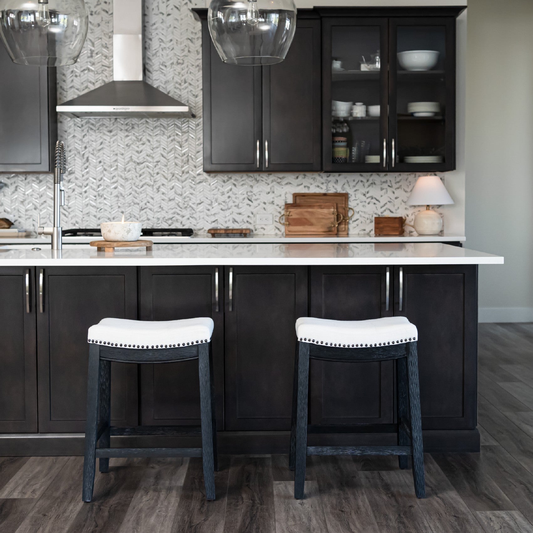 26" Sophia Counter Stool in Black Finish with White Fabric in Stools by Maven Lane