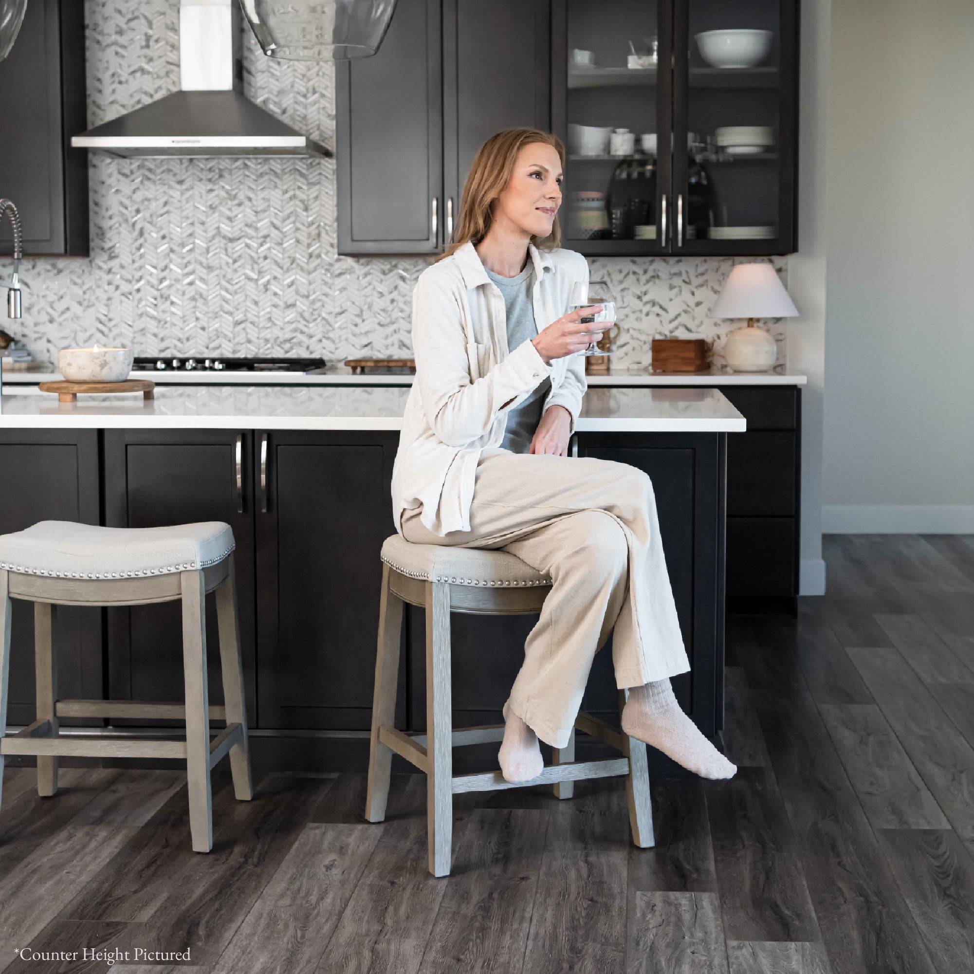 Sophia Bar Stool in Grey Finish and Grey Fabric Upholstery in Stools by Maven Lane