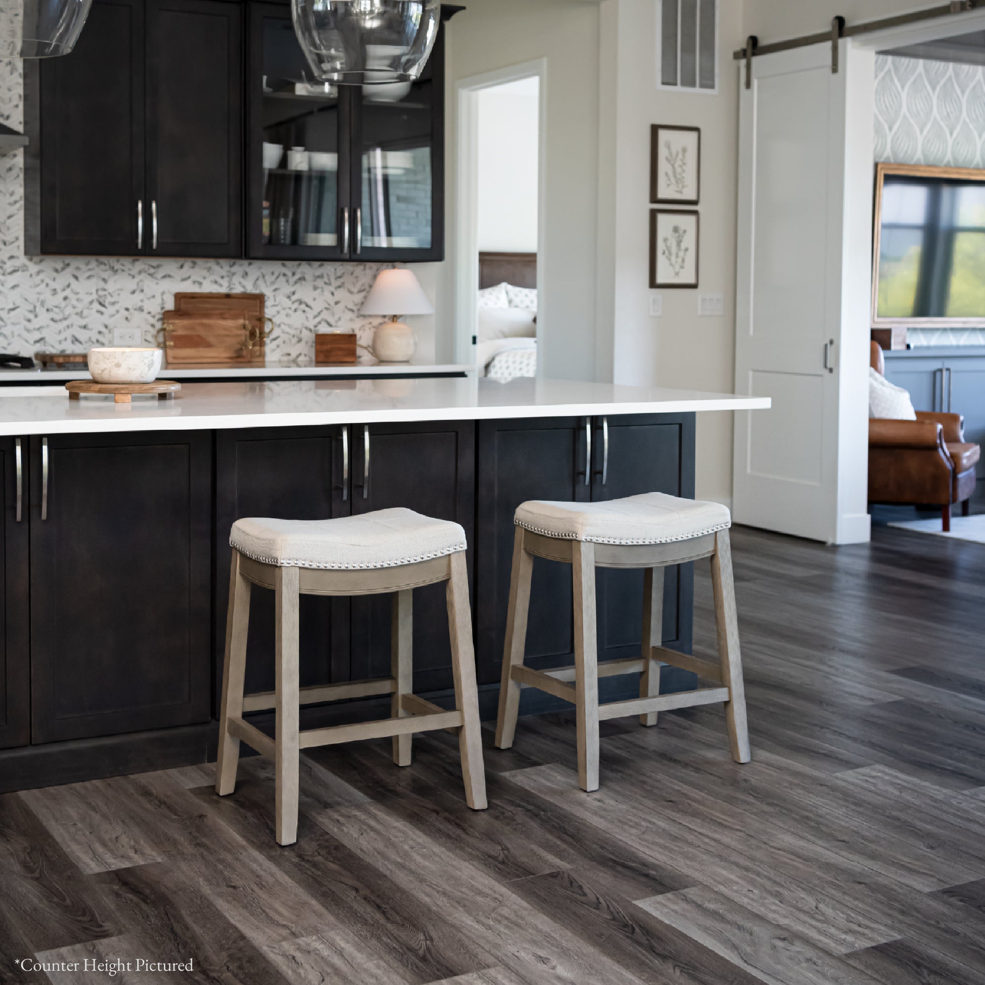 Sophia Bar Stool in Grey Finish and Grey Fabric Upholstery in Stools by Maven Lane