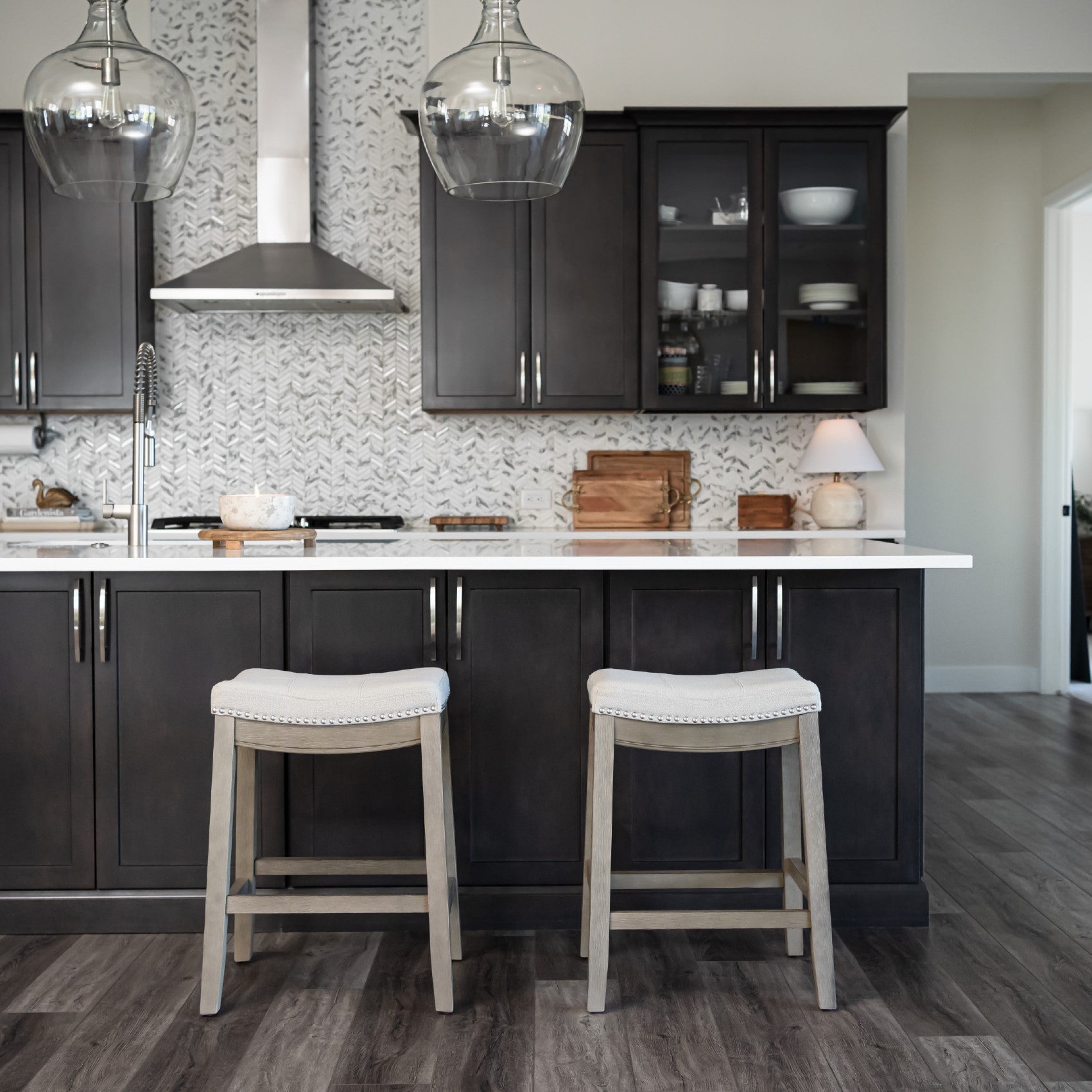 Sophia Counter Stool in Grey Finish and Grey Fabric Upholstery in Stools by Maven Lane