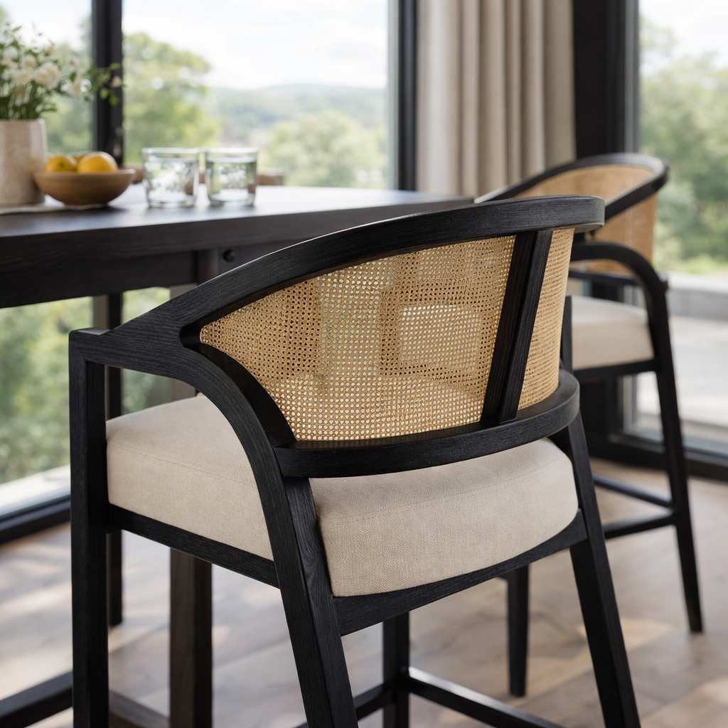 31" Chloe Bar Stool in Black Finish with Beige Fabric Upholstery and Natural Rattan Back in Maven Lane by Maven Lane